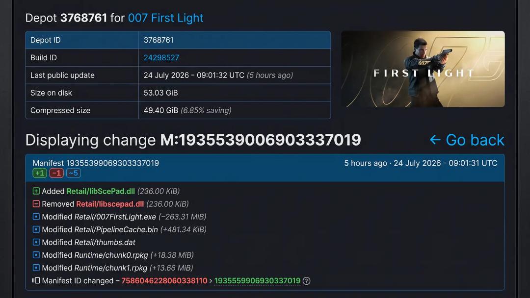 نمای صفحه نمایش تغییرات و جزئیات آپدیت بازی 007 First Light در پنل مدیریت دپو