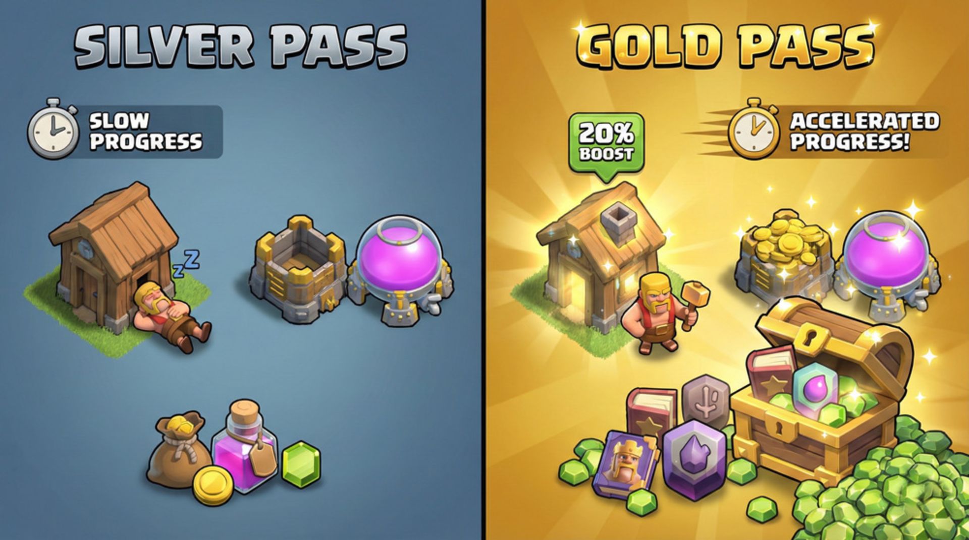 مقایسه مزایای مسیر نقره‌ای و طلایی در گلد پس کلش اف کلنز