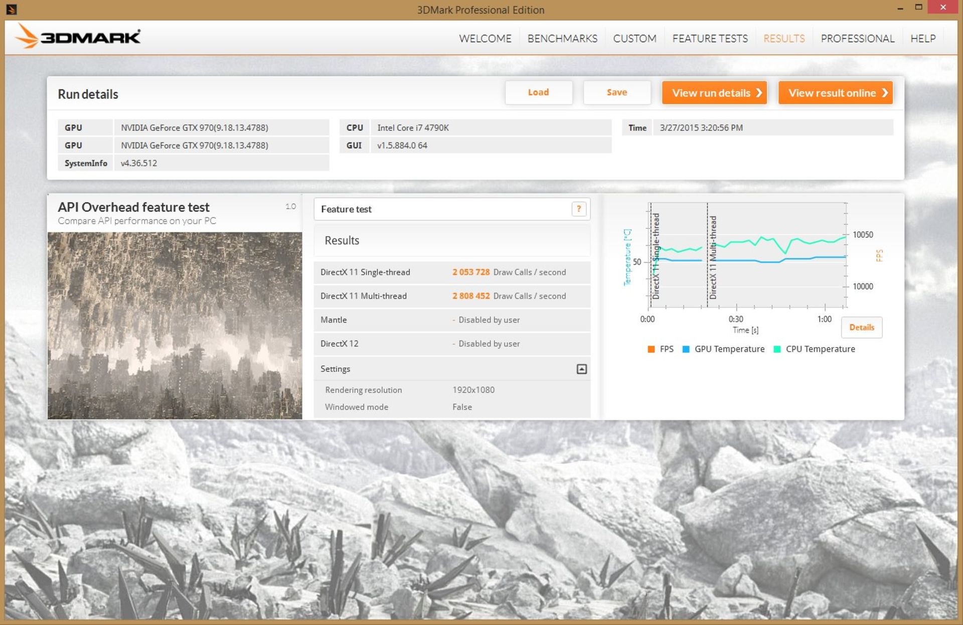 نتیجه‌ی آزمایش 3DMark 2013 API Overhead روی سیستم مرجع زومجی