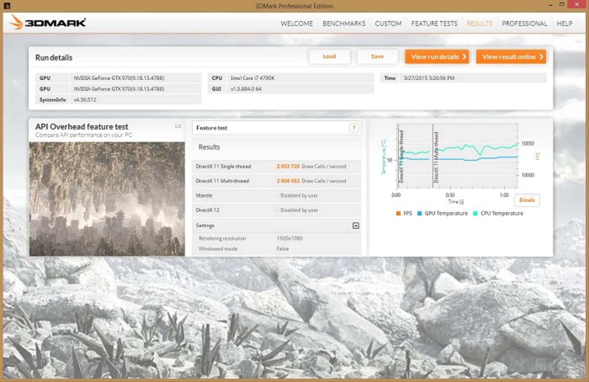 نتیجه‌ی آزمایش 3DMark 2013 API Overhead روی سیستم مرجع زومجی