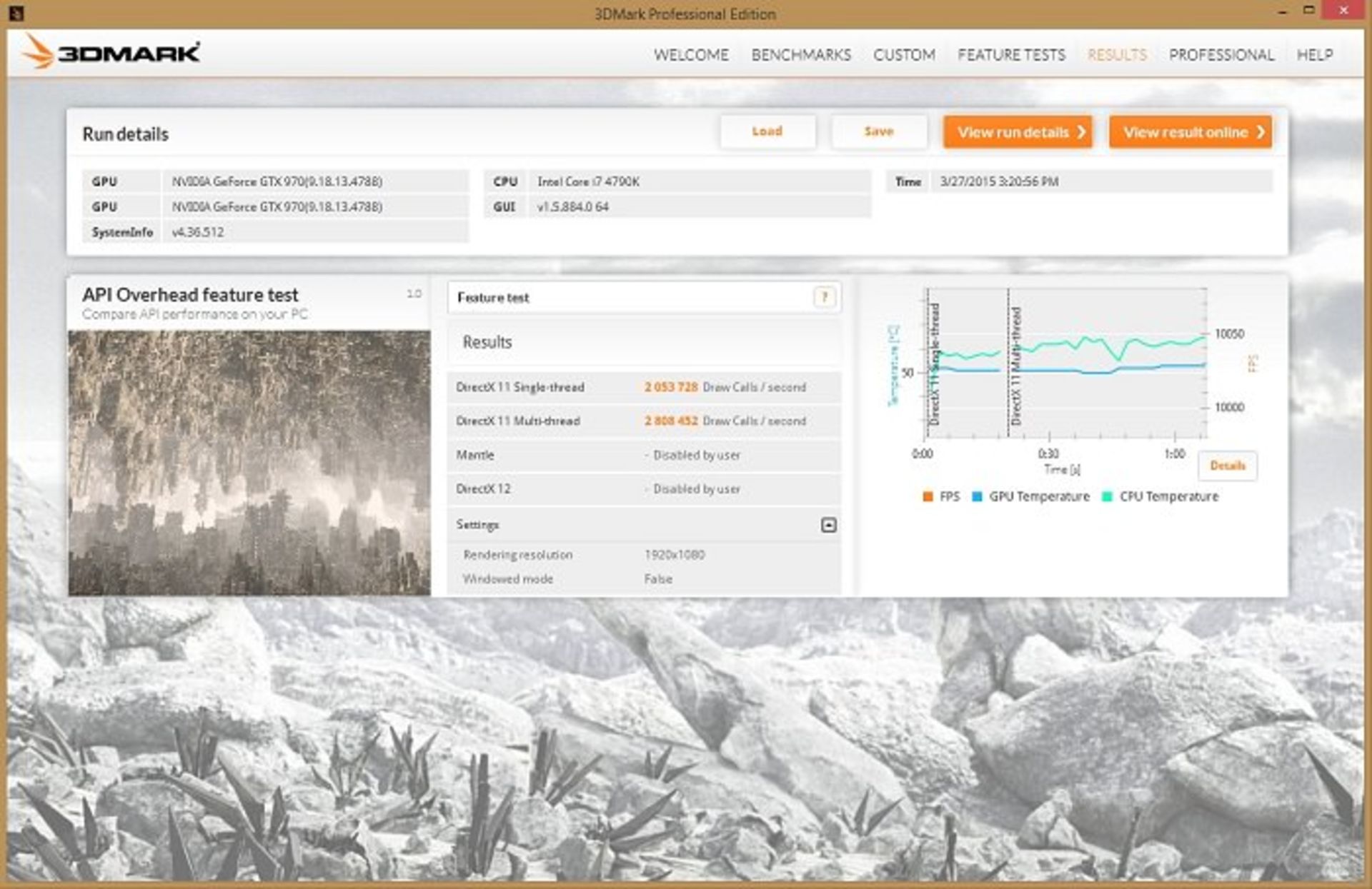 نتیجه‌ی آزمایش 3DMark 2013 API Overhead روی سیستم مرجع زومجی