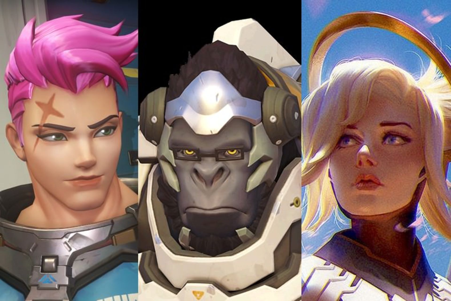 بازی Overwatch - شخصیت های وینستون (Winston)، زاریا (Zarya) و مرسی (Mercy)