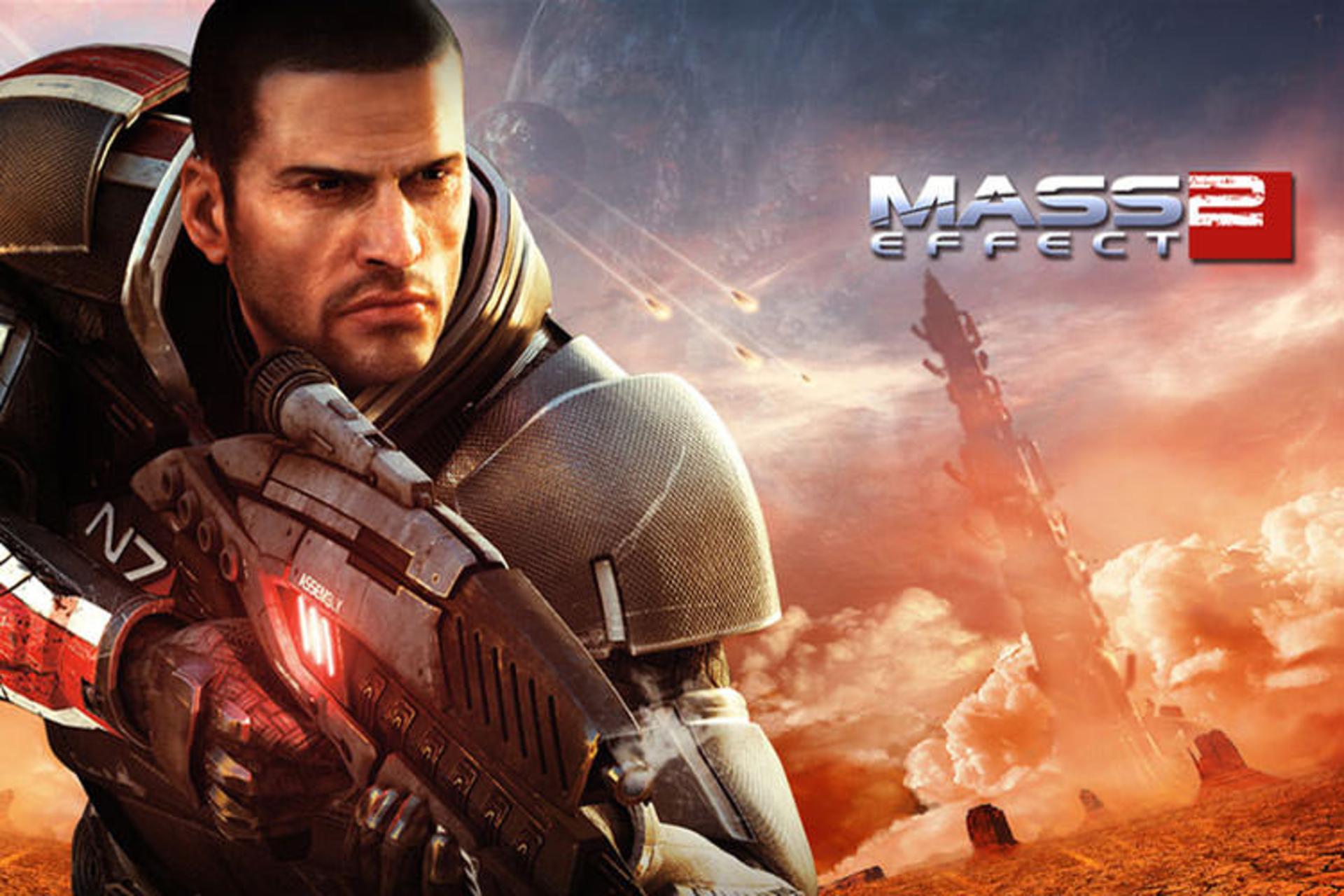 کاپیتان شپرد سلاح به دست در بازی Mass Effect 2