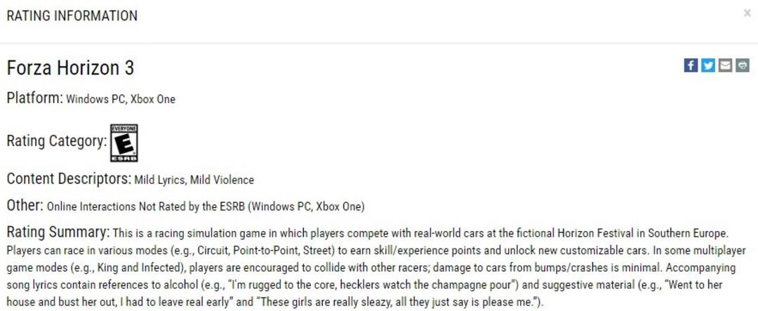 ESRB forza horizon 3