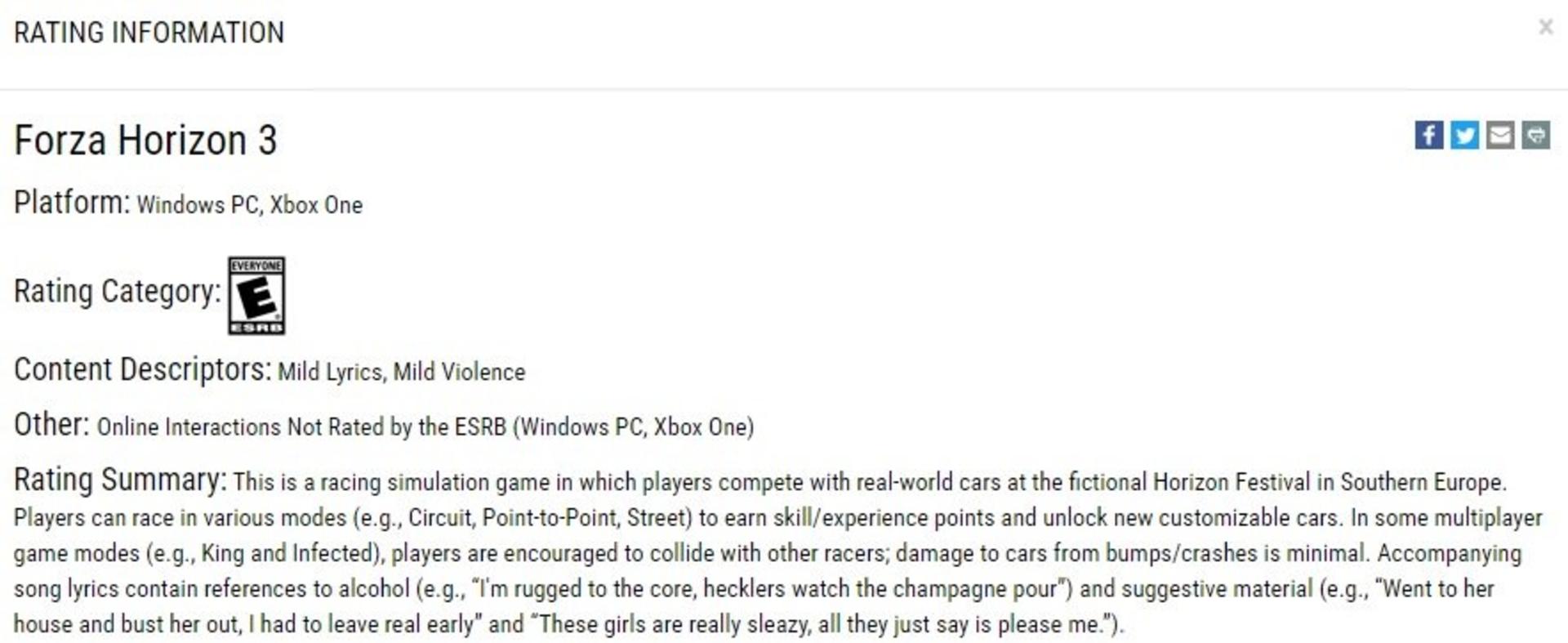 ESRB forza horizon 3
