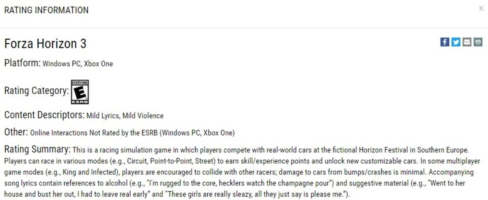ESRB forza horizon 3