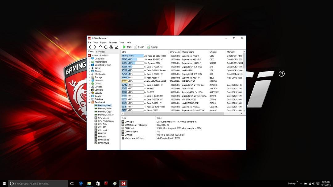 MSI GE72VR 6RF AIDA 64 Memory Read