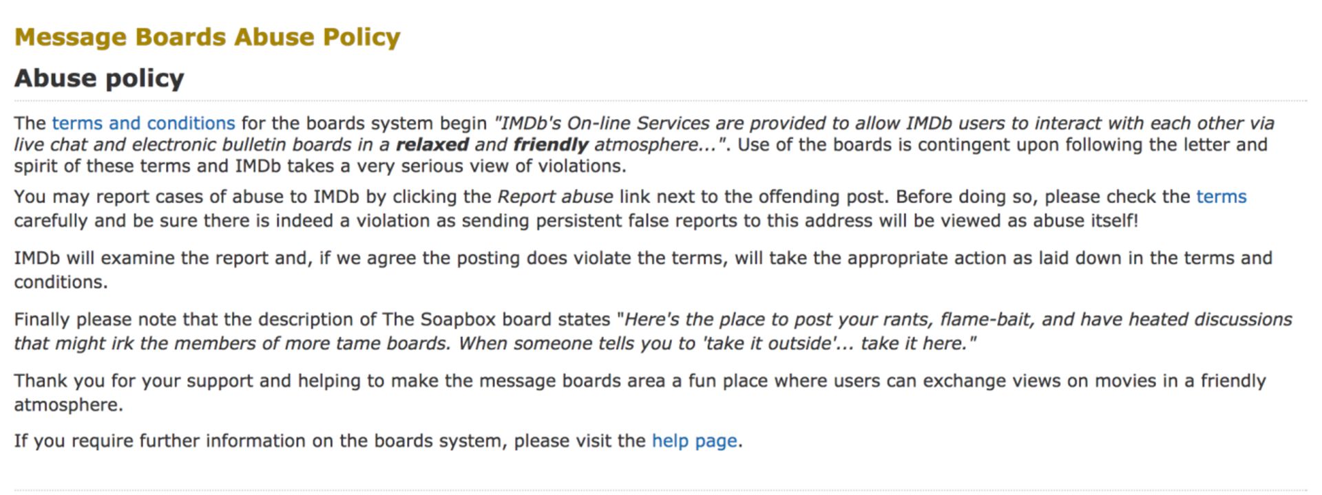 IMDb massage board abuse policy