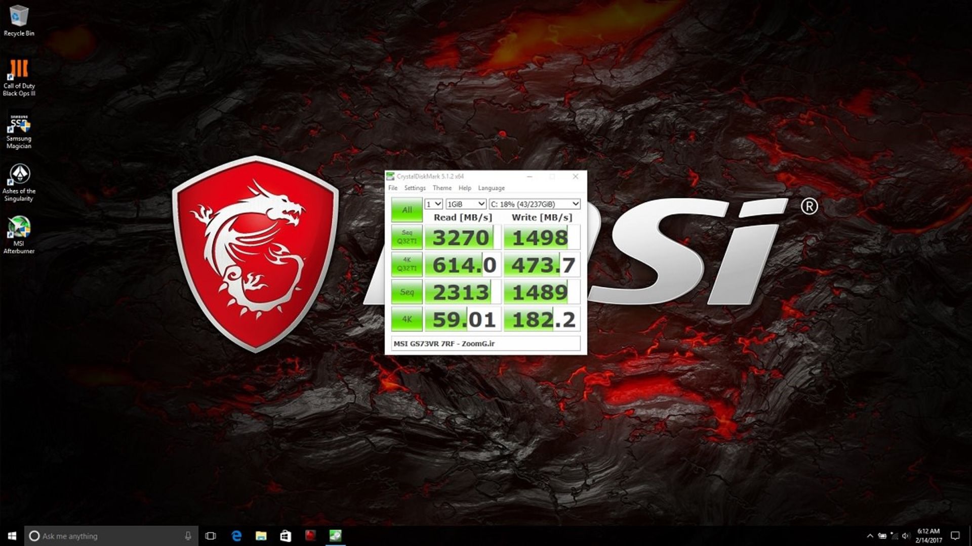 MSI GS73VR 7RF SSD CrystaldiskBench