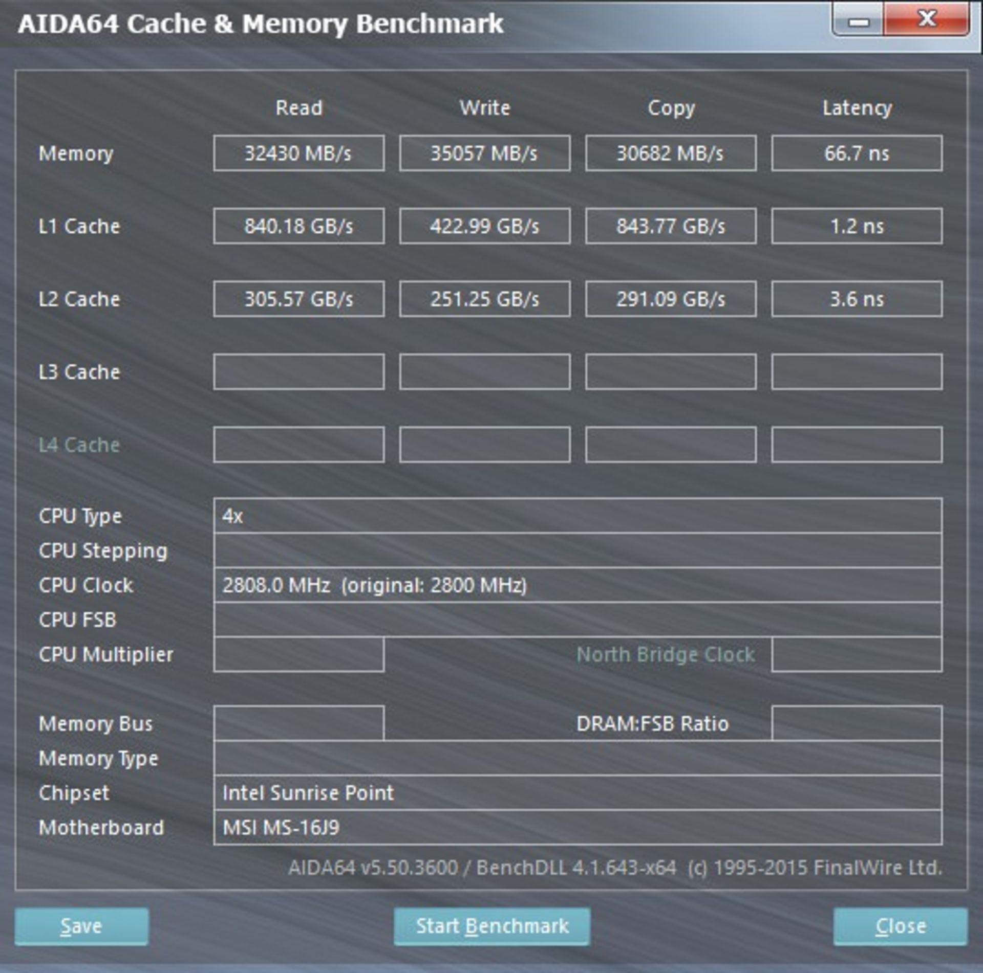 MSI GE62 7RE AIDA64 Cache and Memory