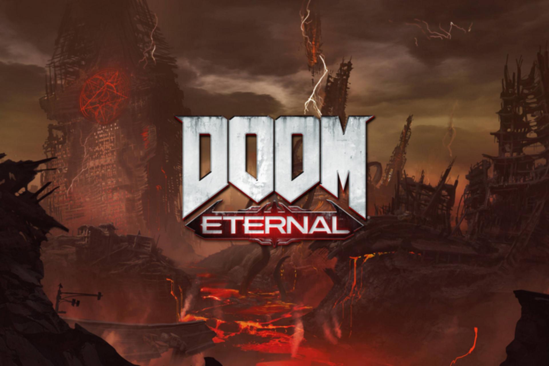 لوگوی بازی Doom Eternal در پس زمینه جهنمی