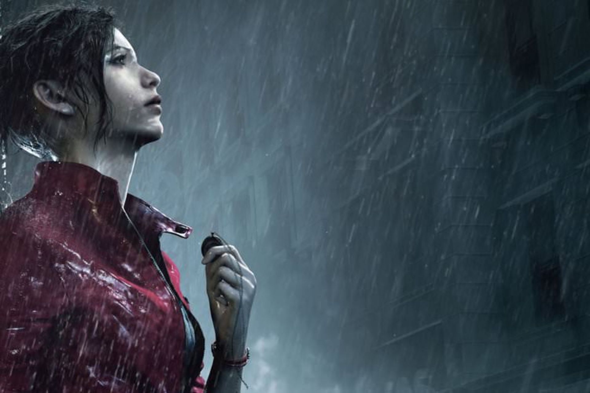 بانو کلر ردفیلد با پیراهن قرمز زیر باران شهر تاریک در بازی Resident Evil 2 Remake