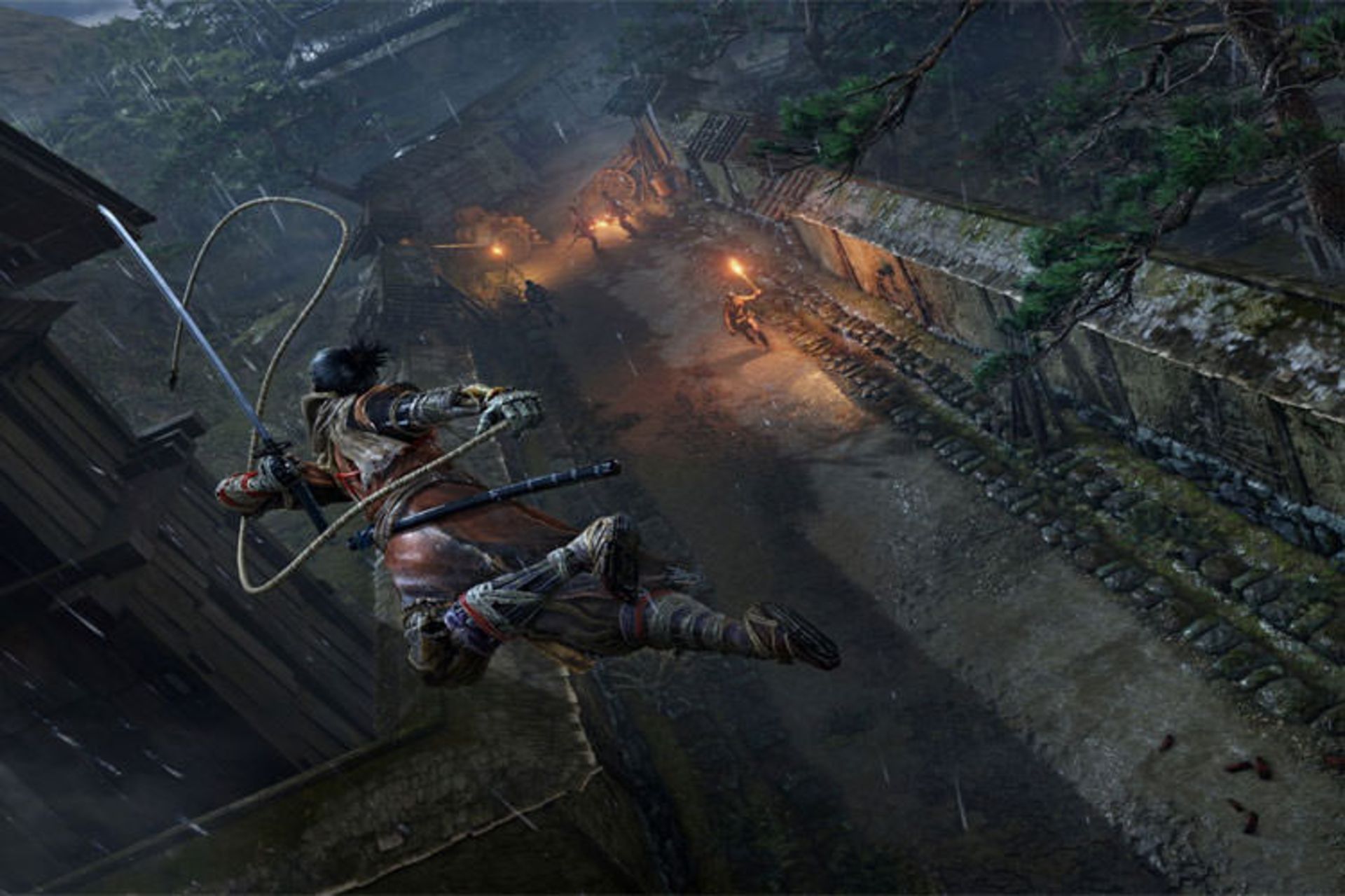 ولف در حال استفاده از قلاب در بازی Sekiro: Shadows Die Twice
