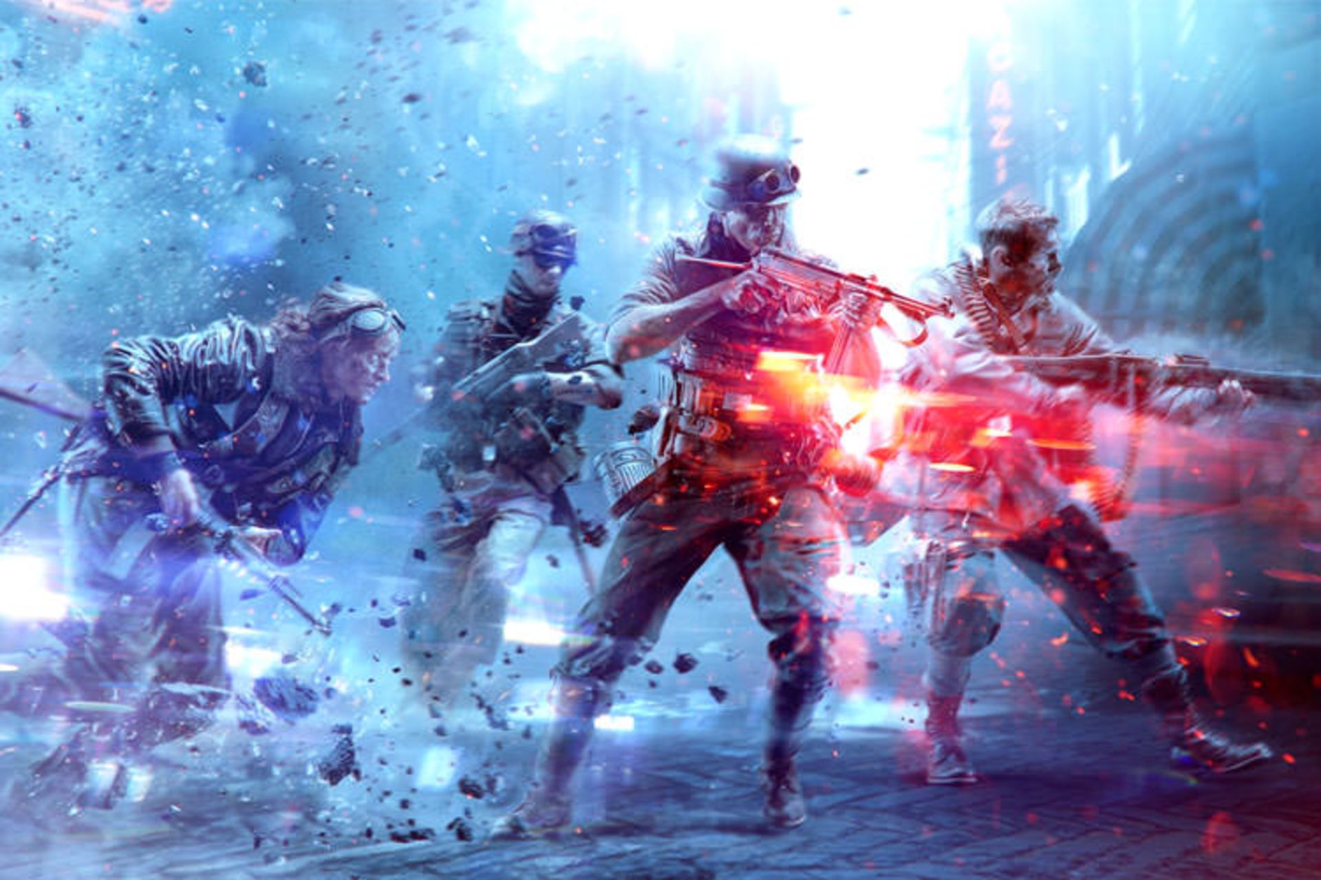 چهار سرباز در حال نابودی دشمنان در Battlefield V