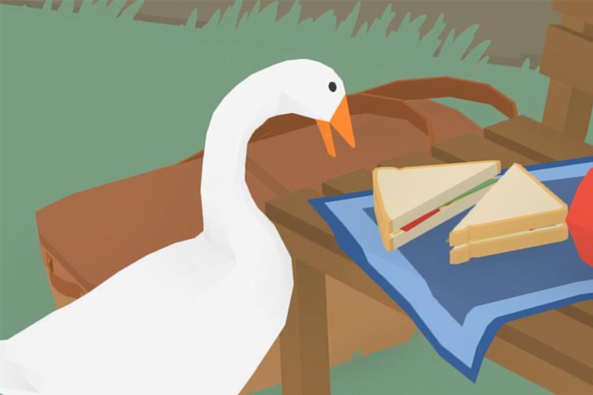 تصویر غاز در کنار ساندویچ خوشمزه در بازی Untitled Goose Game