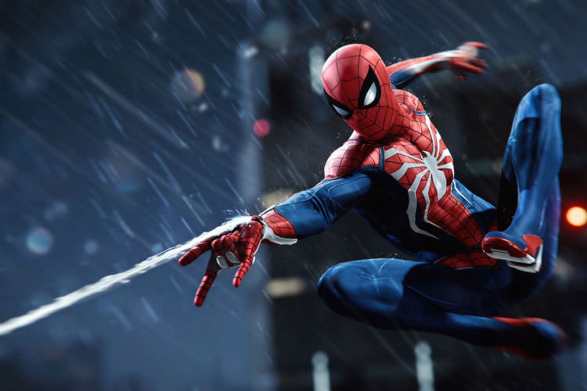 مرد عنکبوتی درحال پرواز کردن و استفاده از تار عنکبوت در Marvel's Spider-Man