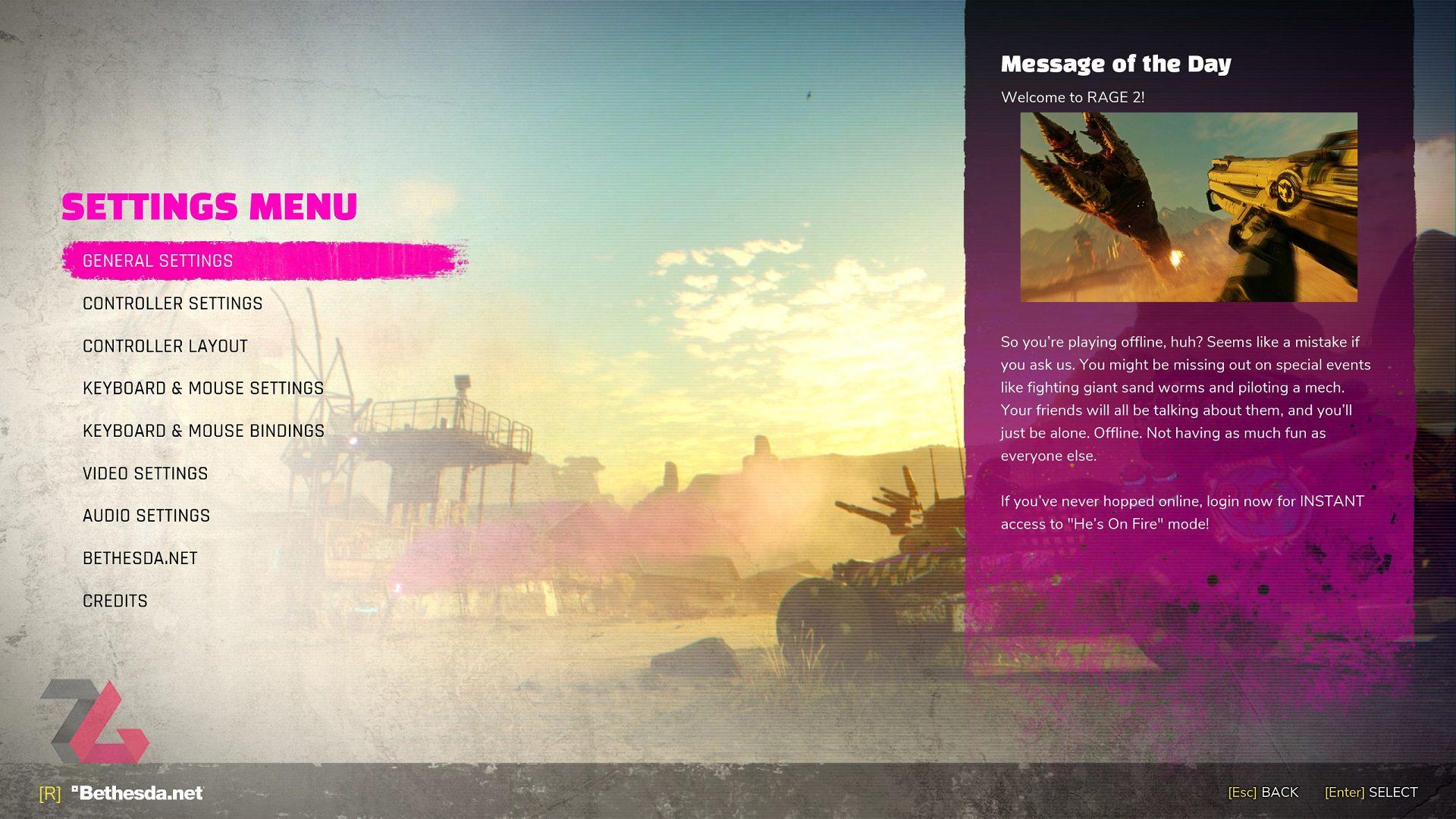 Rage 2 Setting Menu