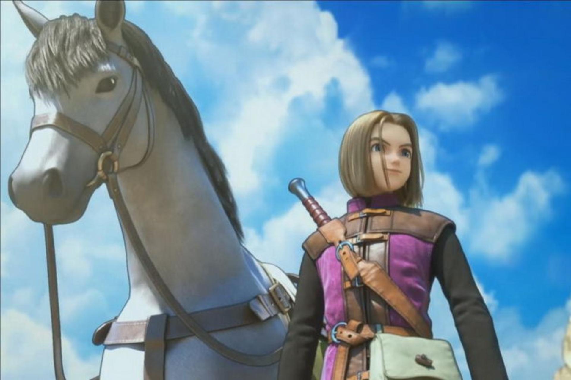قهرمان بازی Dragon Quest XI S در کنار اسب خود 