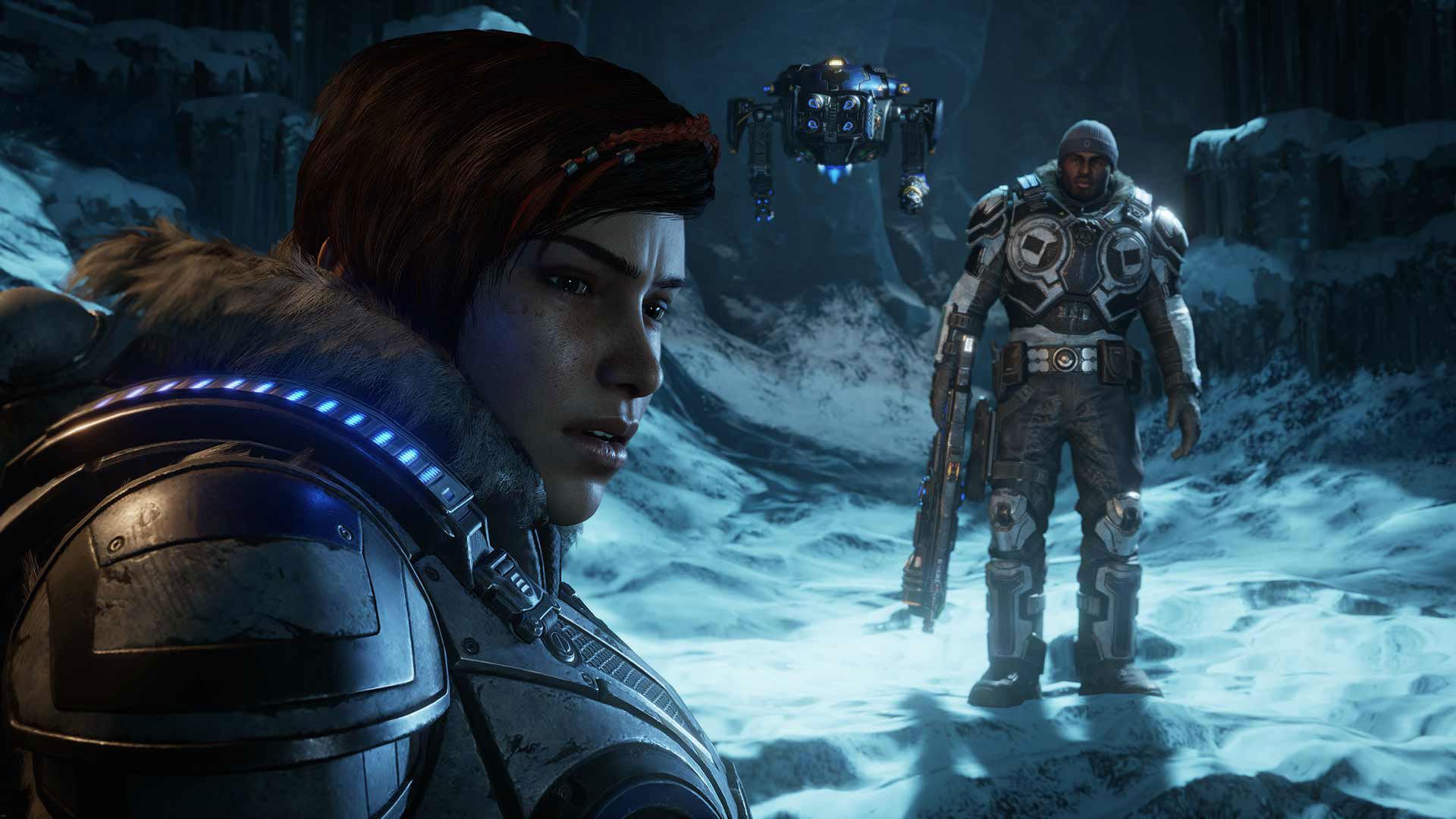 بازی Gears 5 / گیرز 5 انحصاری ایکس باکس و کامپیوترهای شخصی با نمایش شخصیت ها در محیط یخی