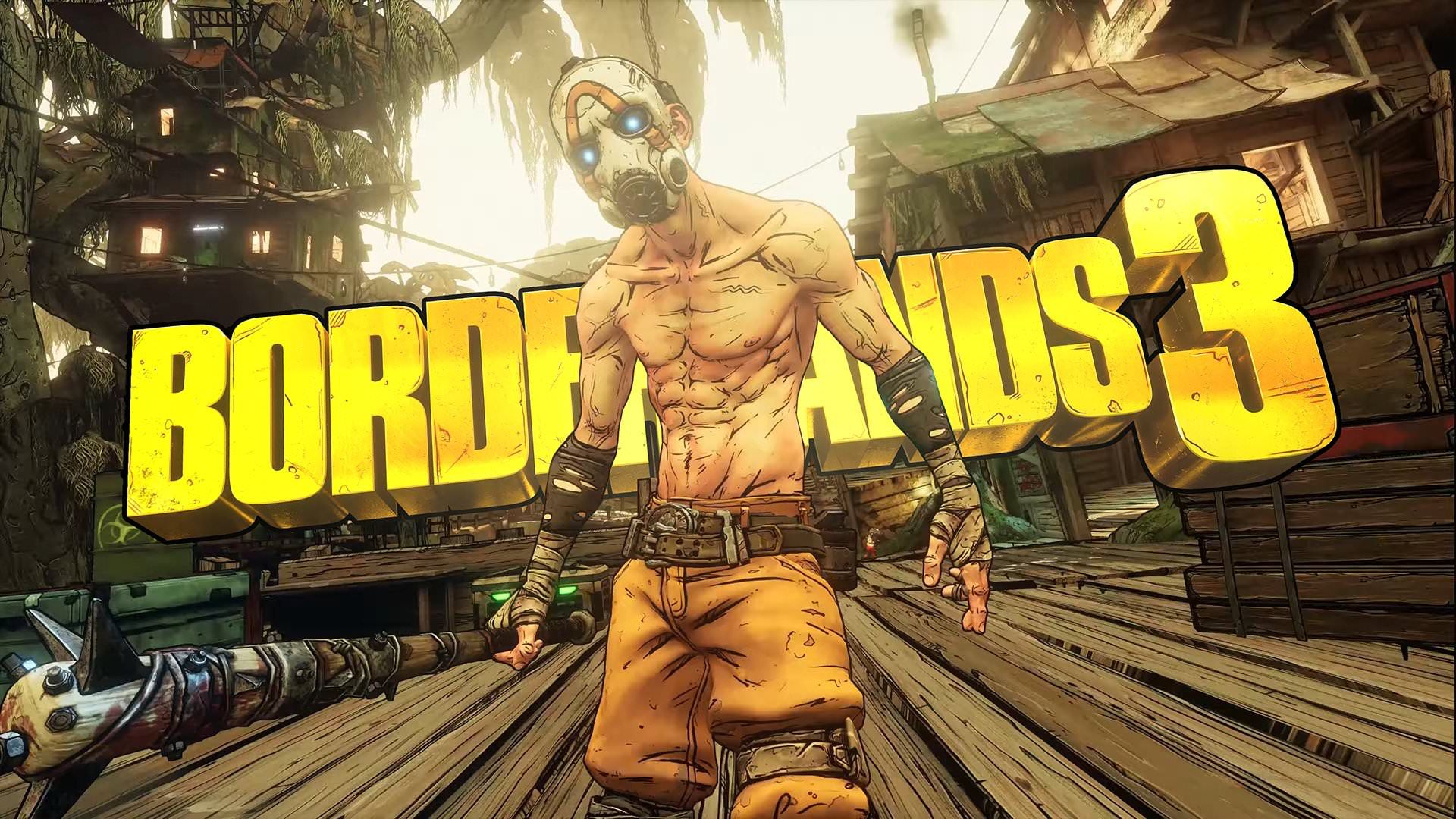 یکی از شخصیت های بازی borderlands 3 جلوی لوگوی بازی