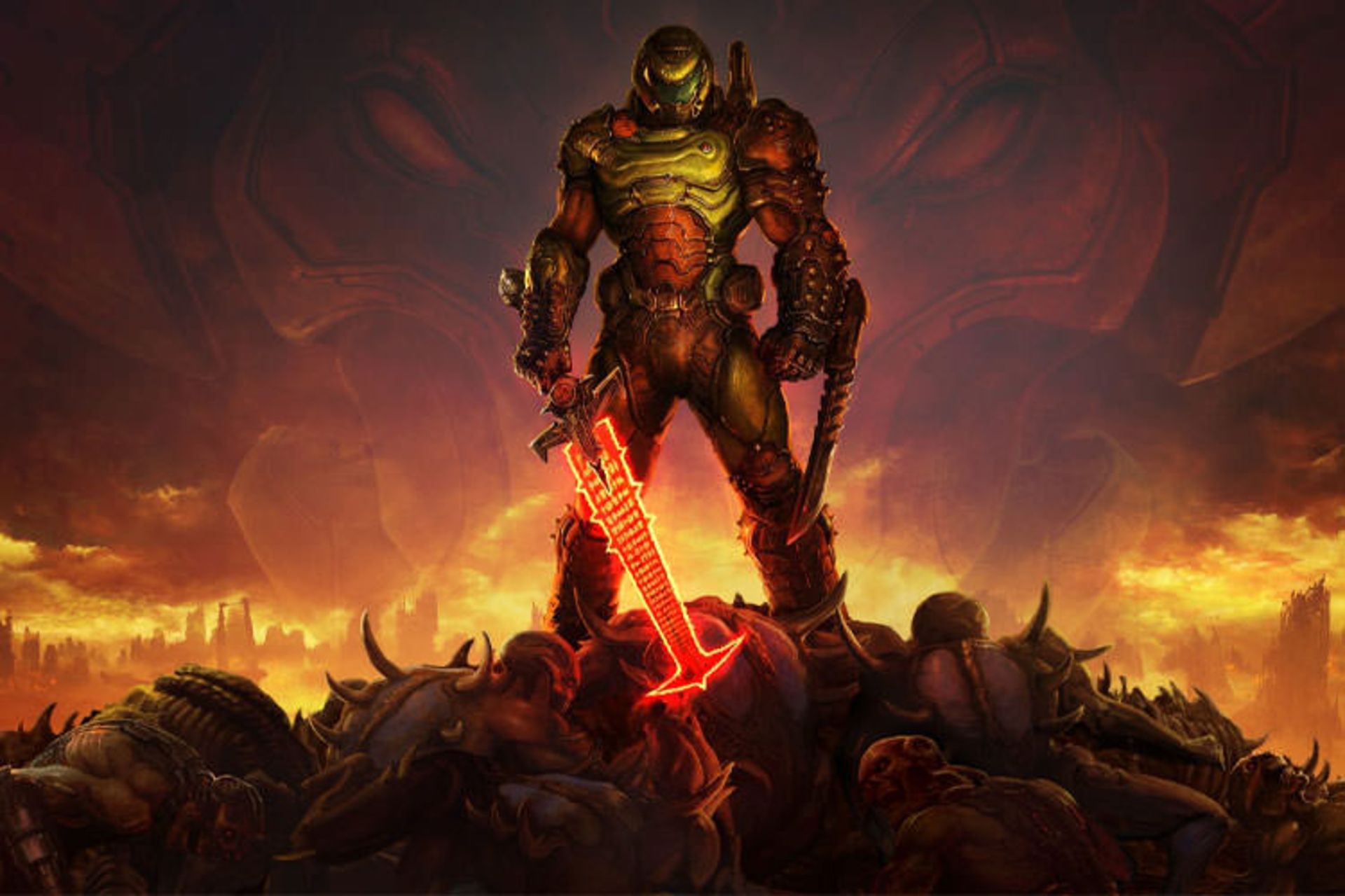 دوم گای به واسطه شمشیر خود روی جنازه شیاطین در Doom Eternal ایستاده است