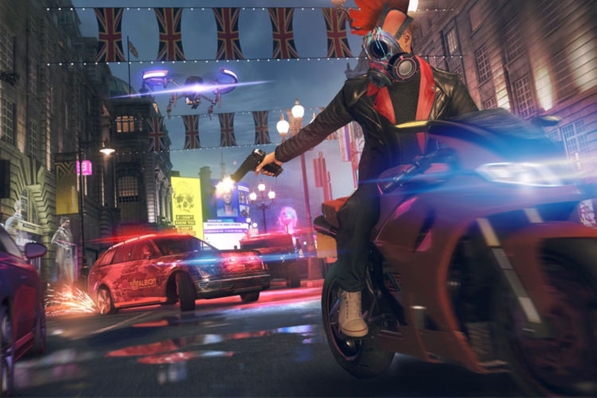 یکی از اعضای DedSec در حال موترسواری و شلیک به دشمنان در Watch Dogs Legion