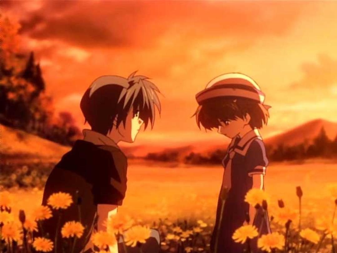 بچه با کلاه حصیری مشغول صحبت بزرگ تر داخل دشت گل در انیمه Clannad After Story
