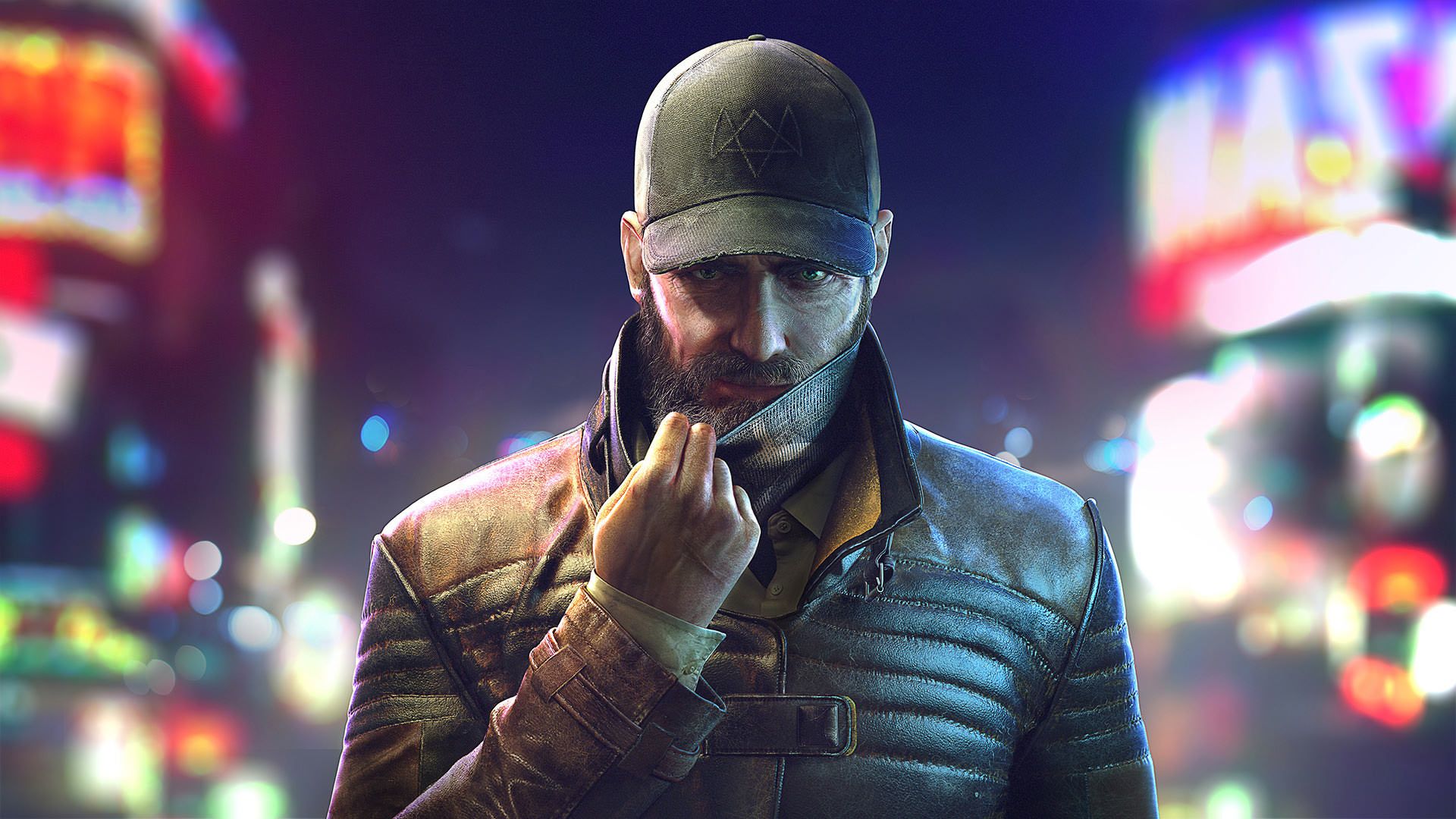 شخصیت ایدن در بازی Watch Dogs Legion یوبیسافت مشغول بالا کشیدن ماسک خود