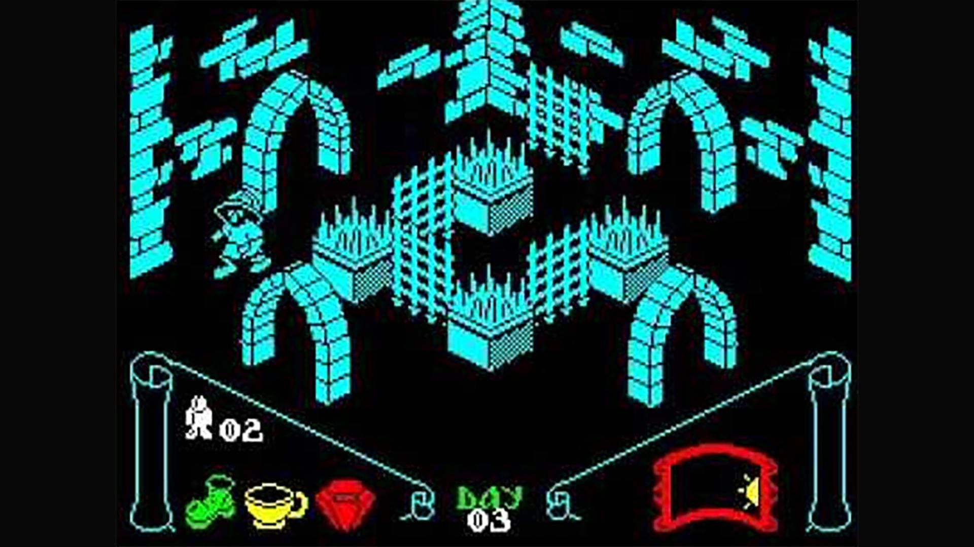 بازی knight lore با گرافیک ایزومتریک و نمایش تگ رنگ آبی  قلعه یا زندان بر زمینه سیاه