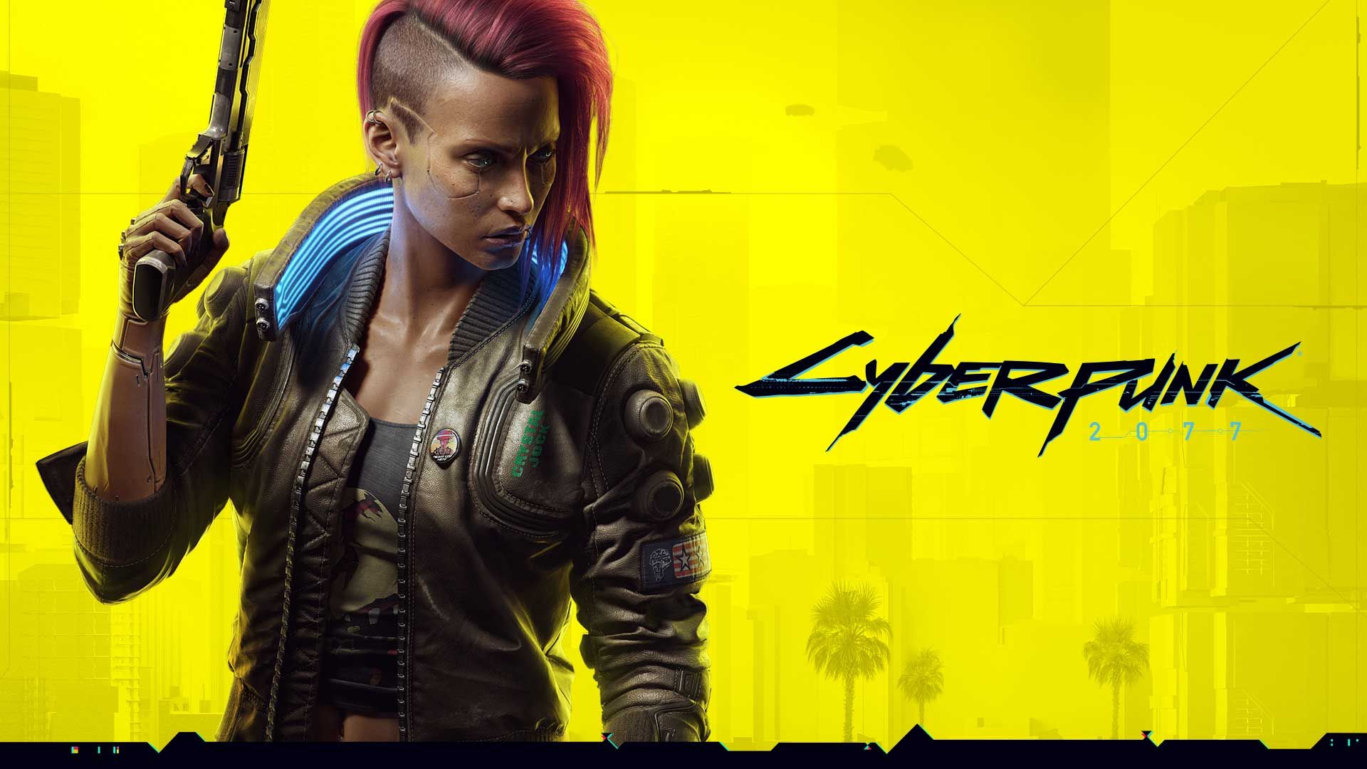 دختر مبارز با موهای رنگی، سلاح گرم و ژاکت سایبرپانکی مقابل شهر بزرگ بازی Cyberpunk 2077