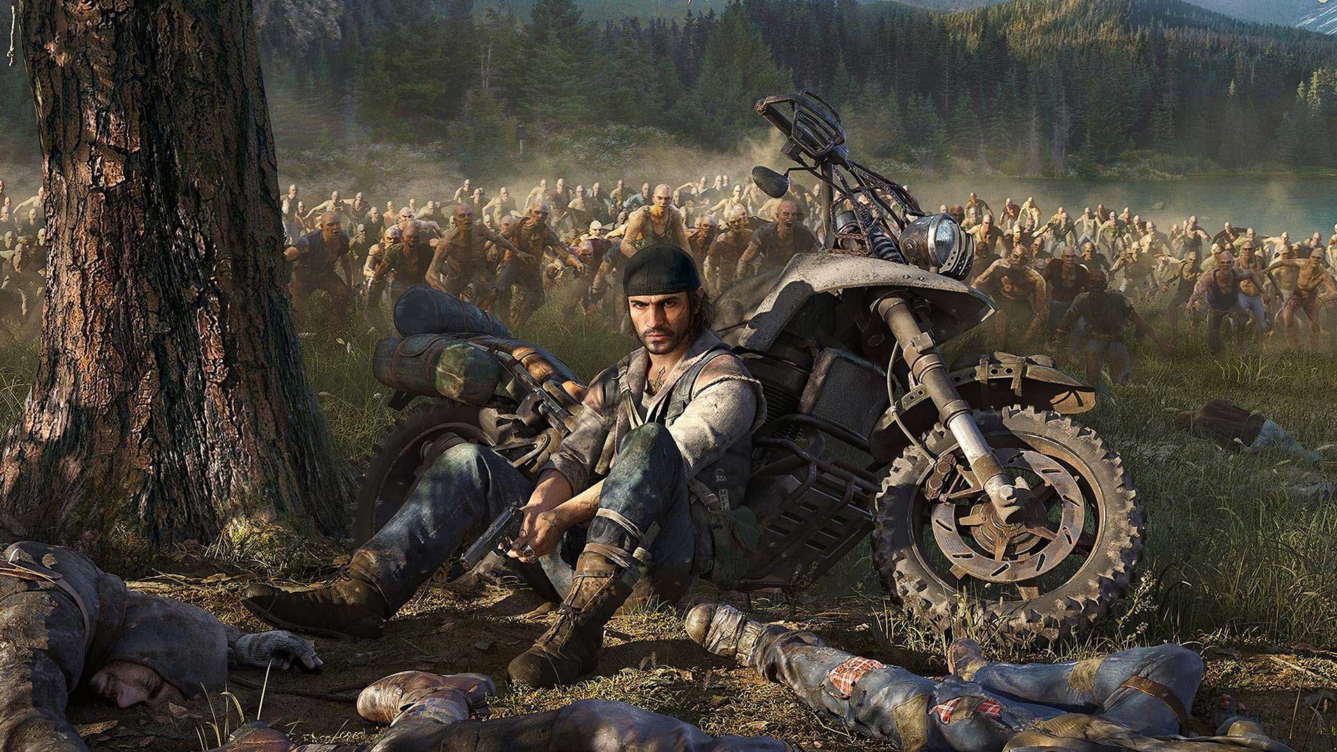 بازی Days Gone و قهرمان بازی مقابل زامبی ها و موتور در حال نگاه به مخاطب