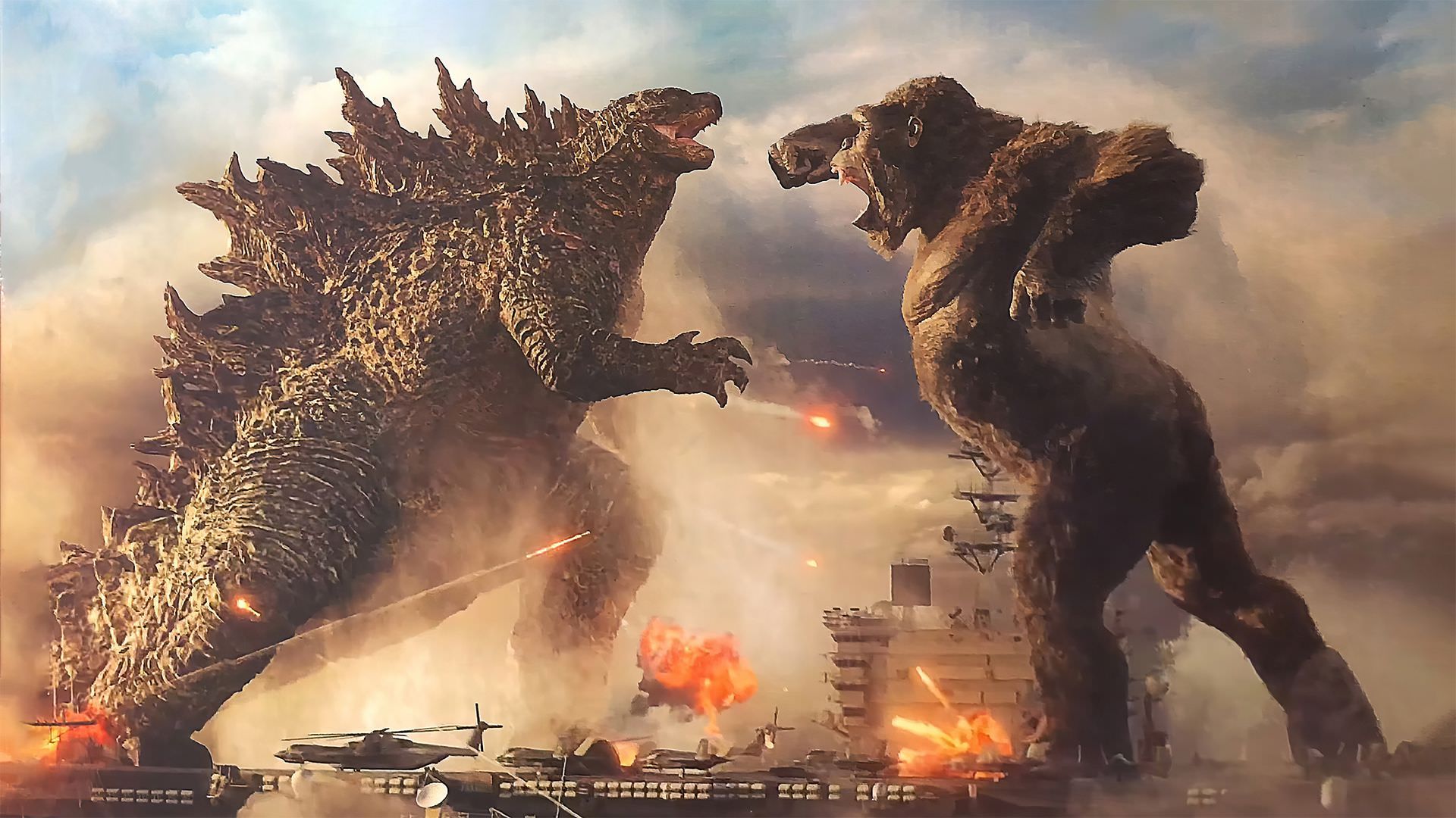 گودزیلا و کینگ کونگ در حال مبارزه روی ناو هواپیمابر در فیلم Godzilla vs. Kong