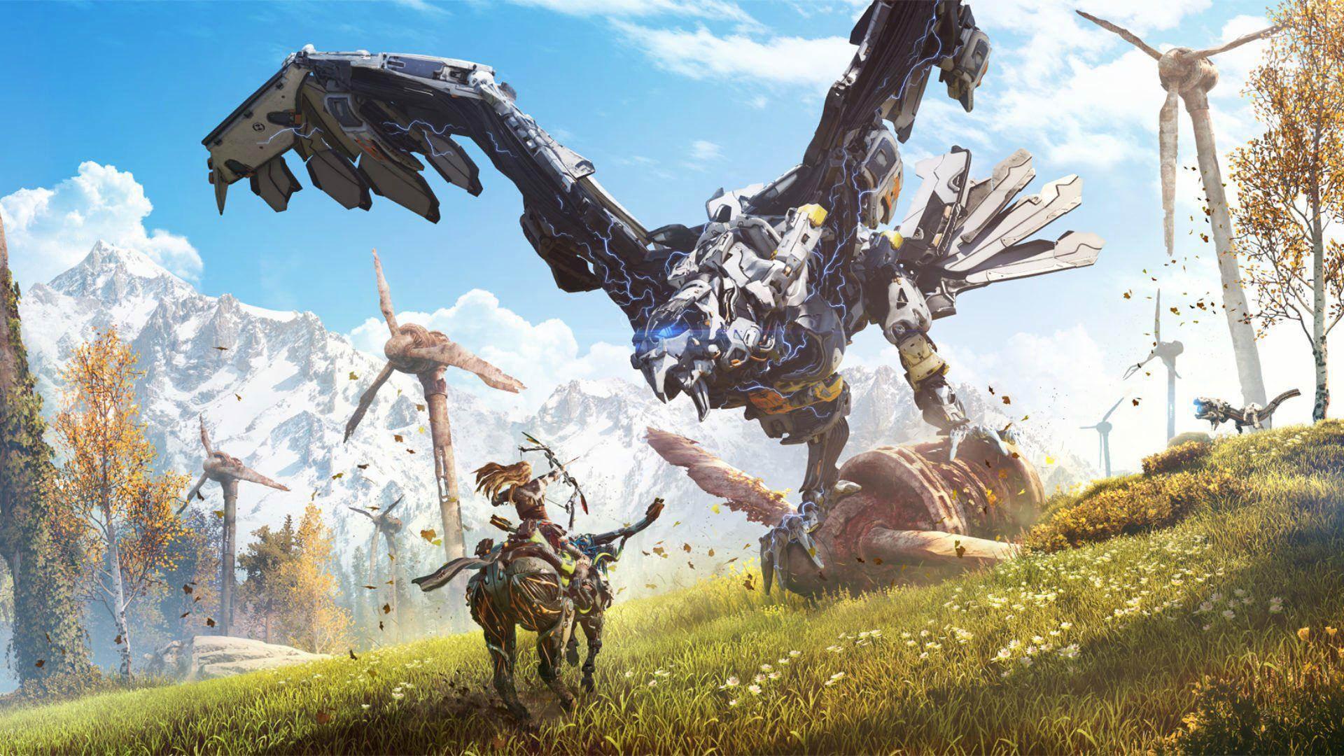 ایلوی در حال شکار یکی از ربات‌های بازی Horizon Zero Dawn Complete Edition