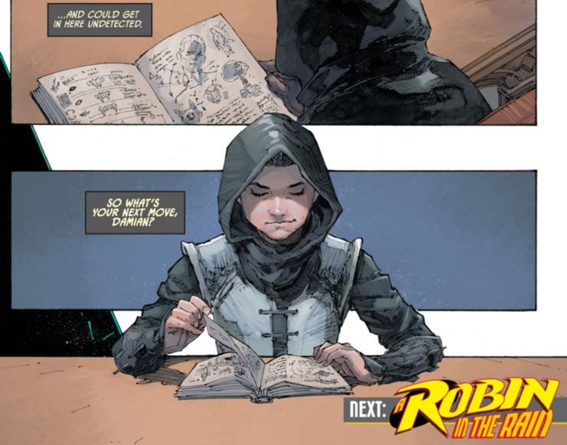 دیمین وین در حال بررسی دفترچه سیاه بتمن