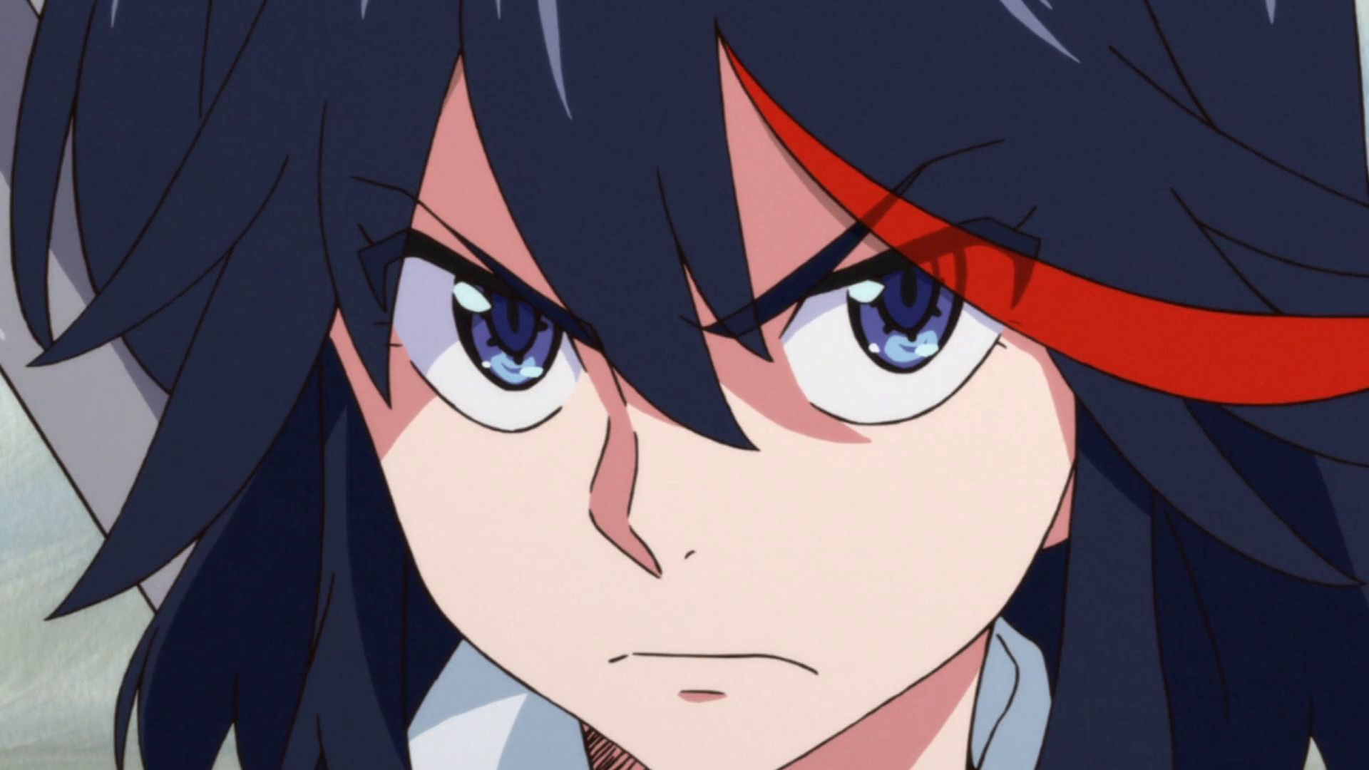 شخصیت ریوکو ماتوی با موی مشکی و هایلایت قرمز و چشمان آبی از انیمه Kill la Kill