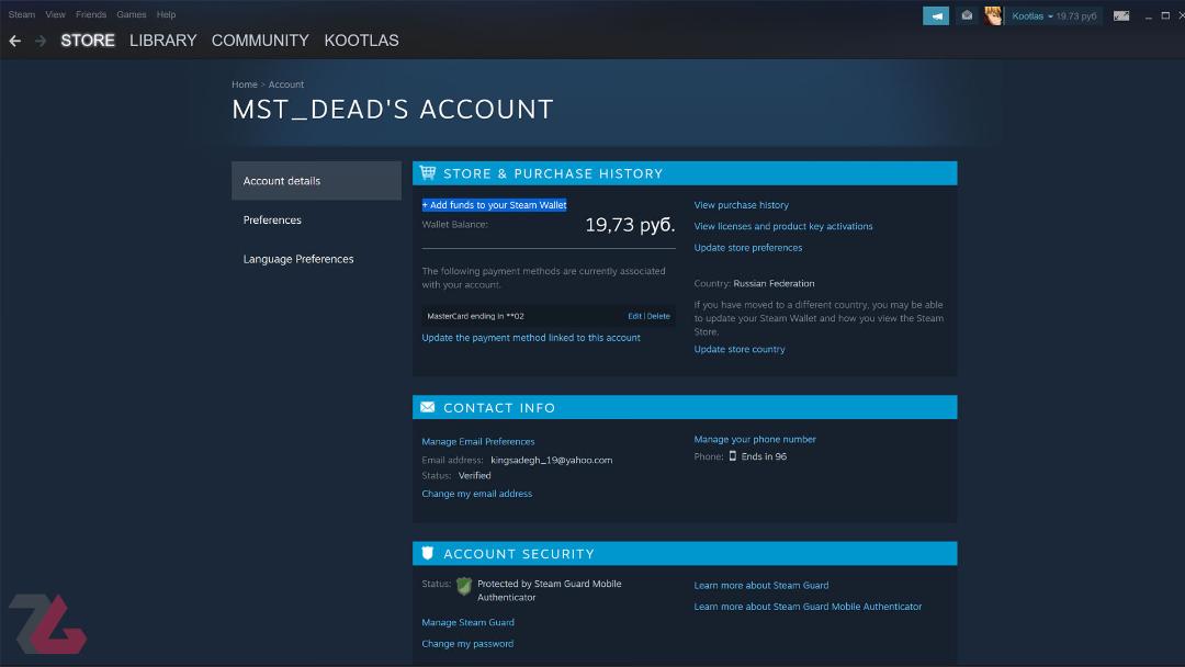 جزئیات صفحه Account Details استیم