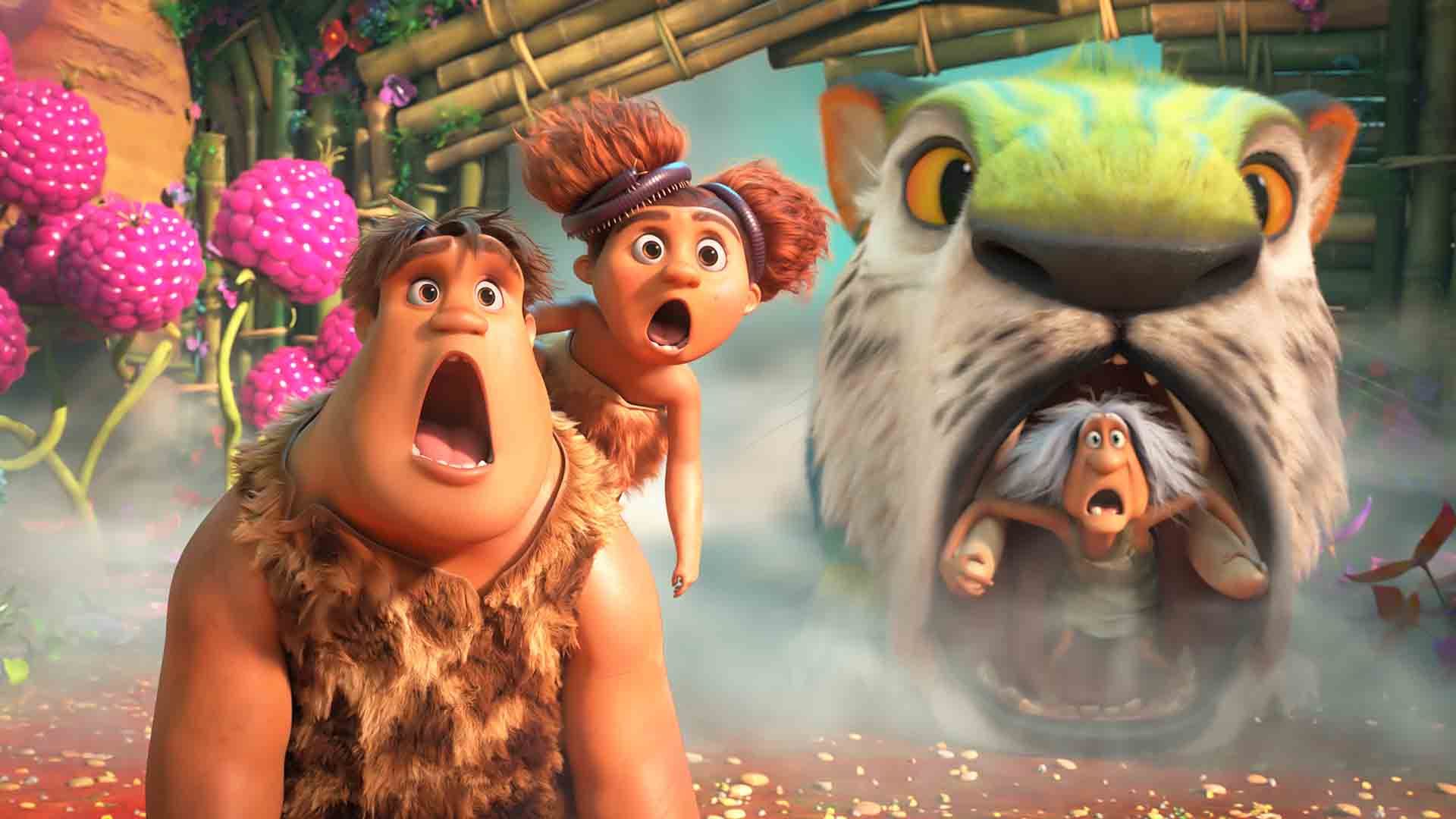 اعضای خانواده کرودها در حال جیغ زدن در انیمیشن The Croods: A New Age