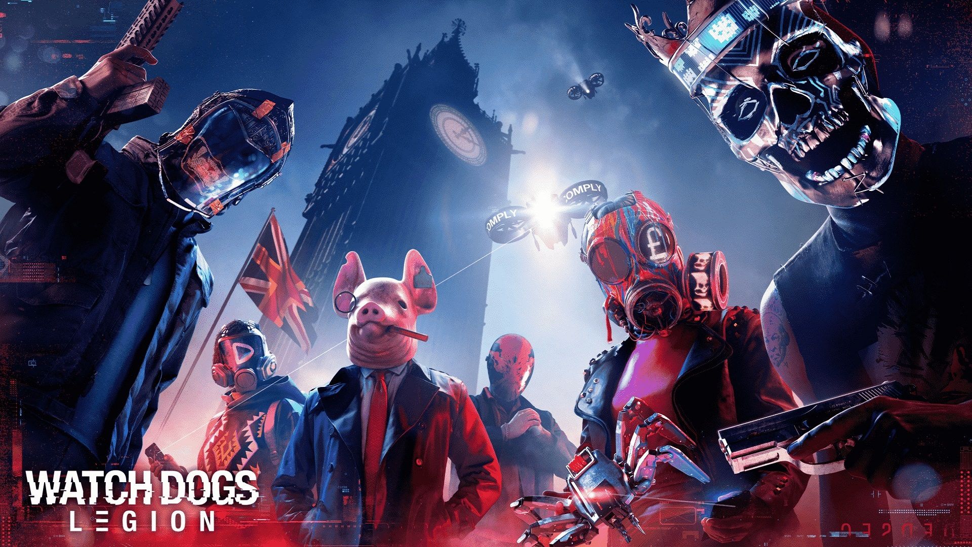 پوستر بازی Watch Dogs Legion و افراد مختلف با ماسک های گوناگون در شهر لندن