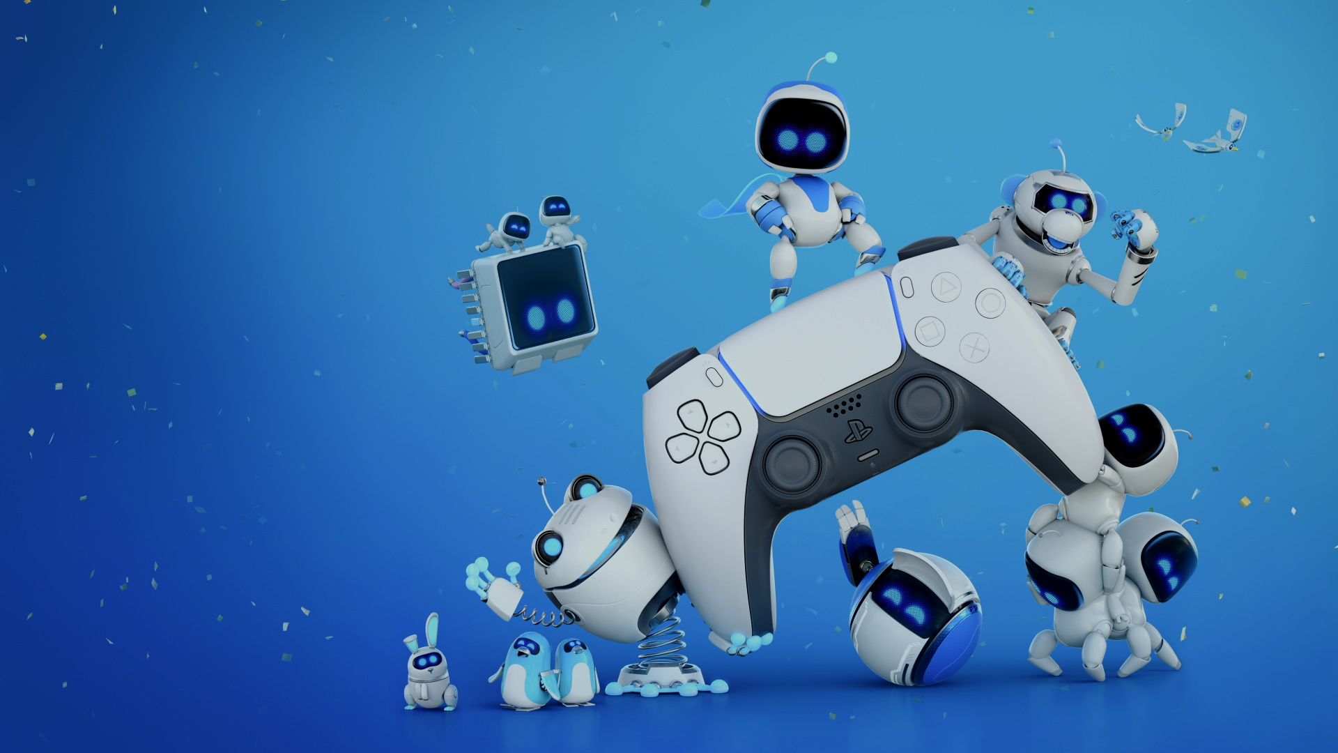 شخصیت‌های Astro's Playroom در اطراف دسته‌ی دوال سنس
