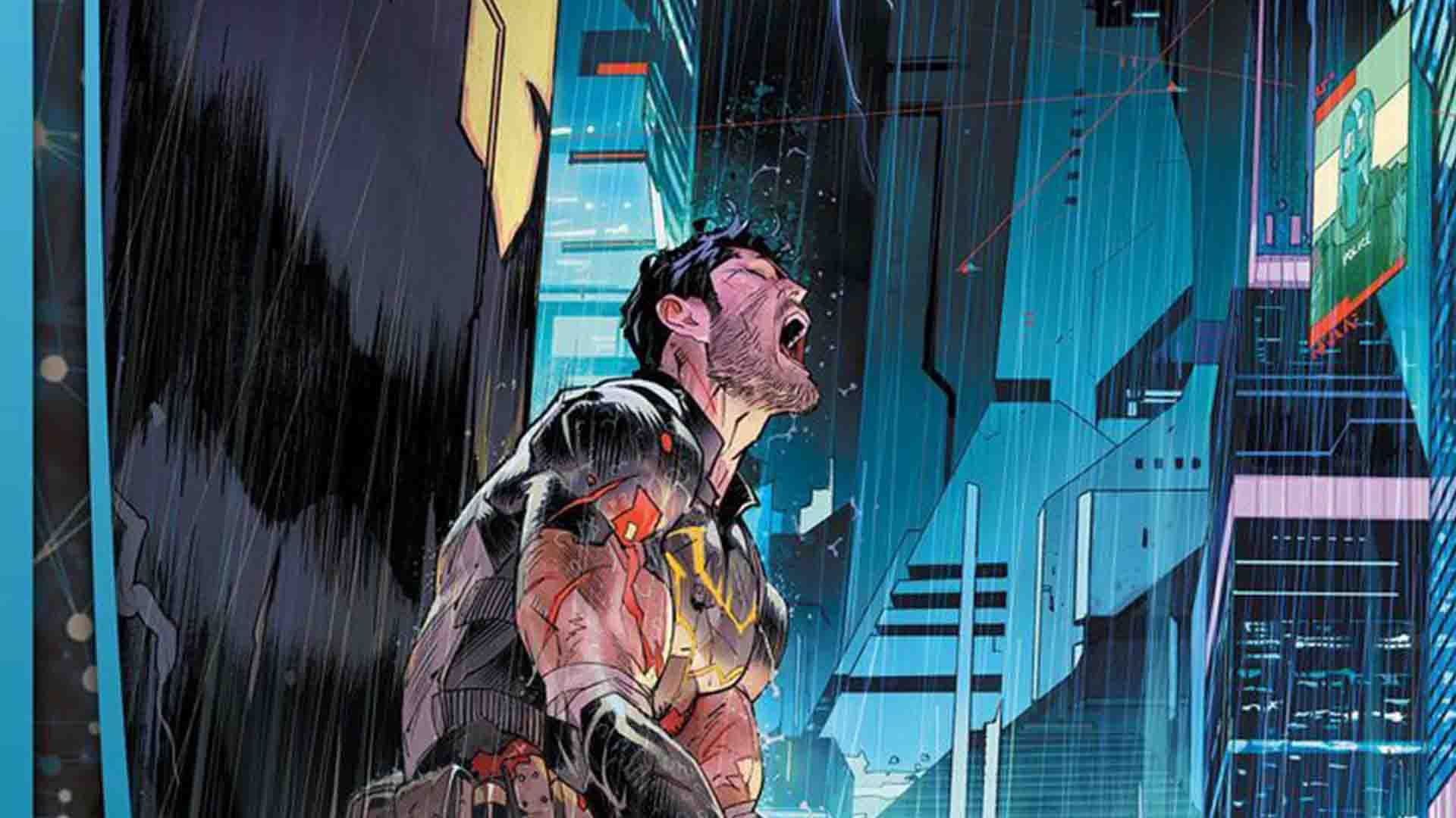 بروس وین در حال داد زدن در یک خیابان در سری کتاب کمیک Future State: Dark Detective