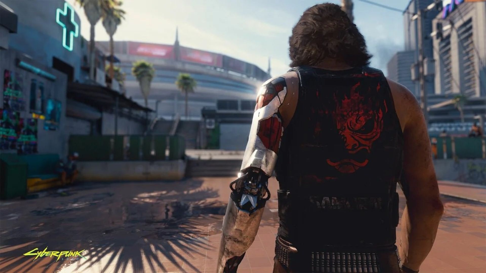 شخصیت جانی سیلوهند از پشت در حال راه رفتن در Cyberpunk 2077