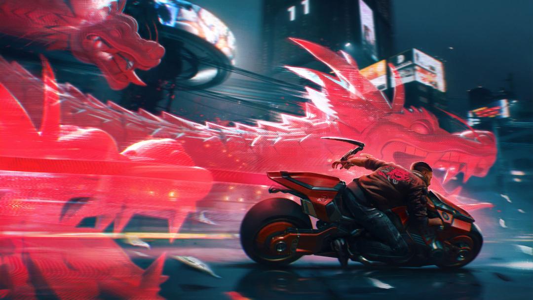 شخصیت V درحال موتورسواری در تصویر هنری بازی Cyberpunk 2077 با حضور یک اژدها دیجیتالی