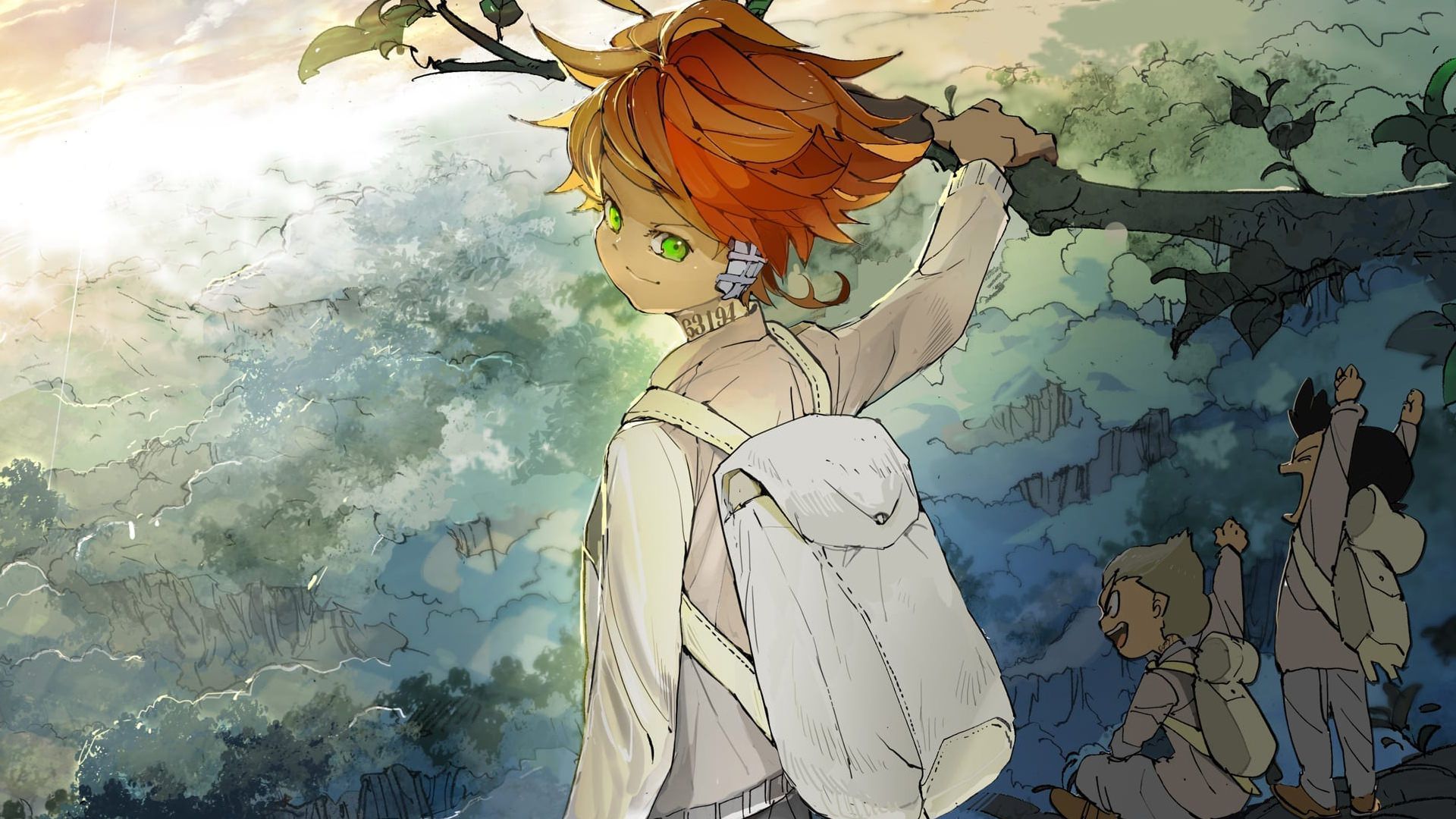 شخصیت اما از انیمه The Promised Neverland با پشت زمینه‌ی جنگل سبز با درختان بلند