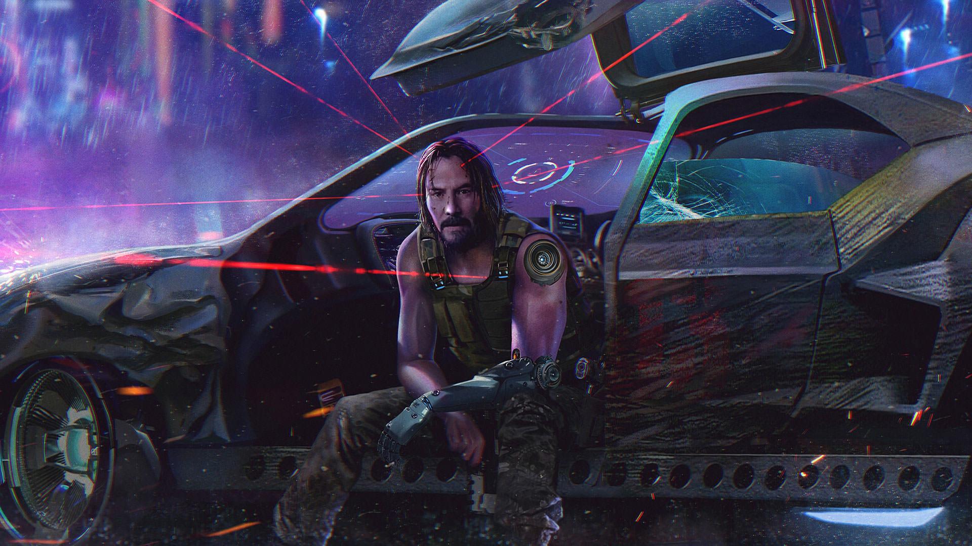 کیانو ریوز نشسته در ماشین در Cyberpunk 2077