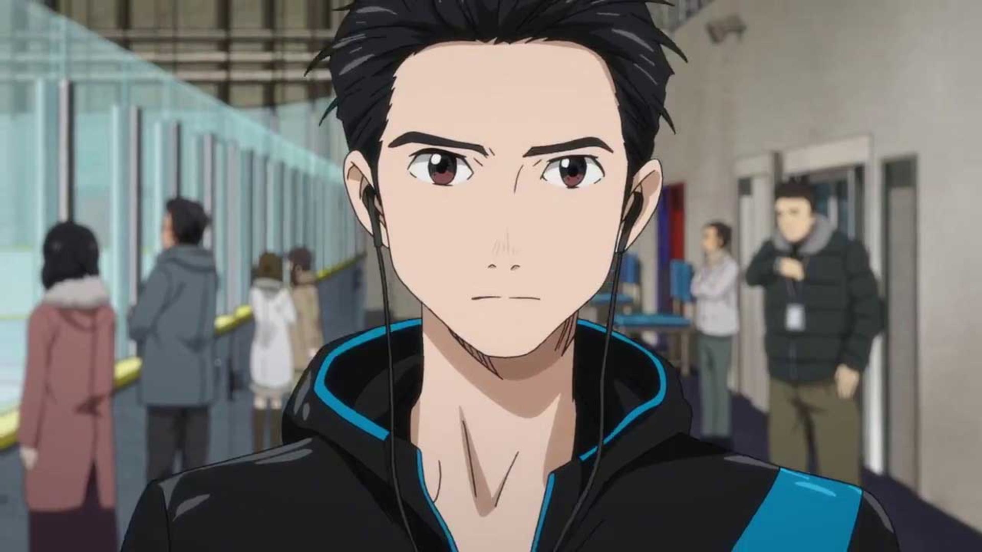 چهره جدی و مصمم شخصیت با لباس سیاه در انیمه Yuri on Ice