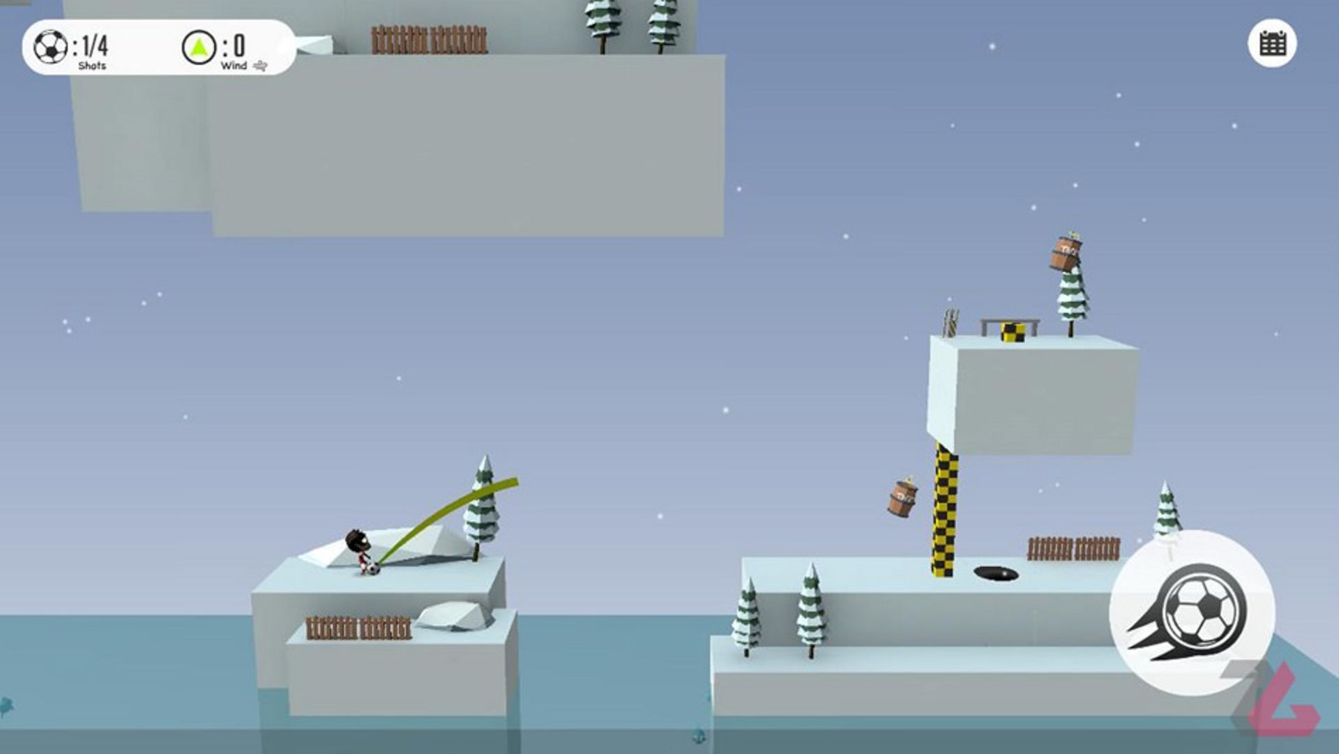 ضربه به توپ برای منفجر کردن بشکه باروت در فصل زمستان بازی Stickman Trick Soccer