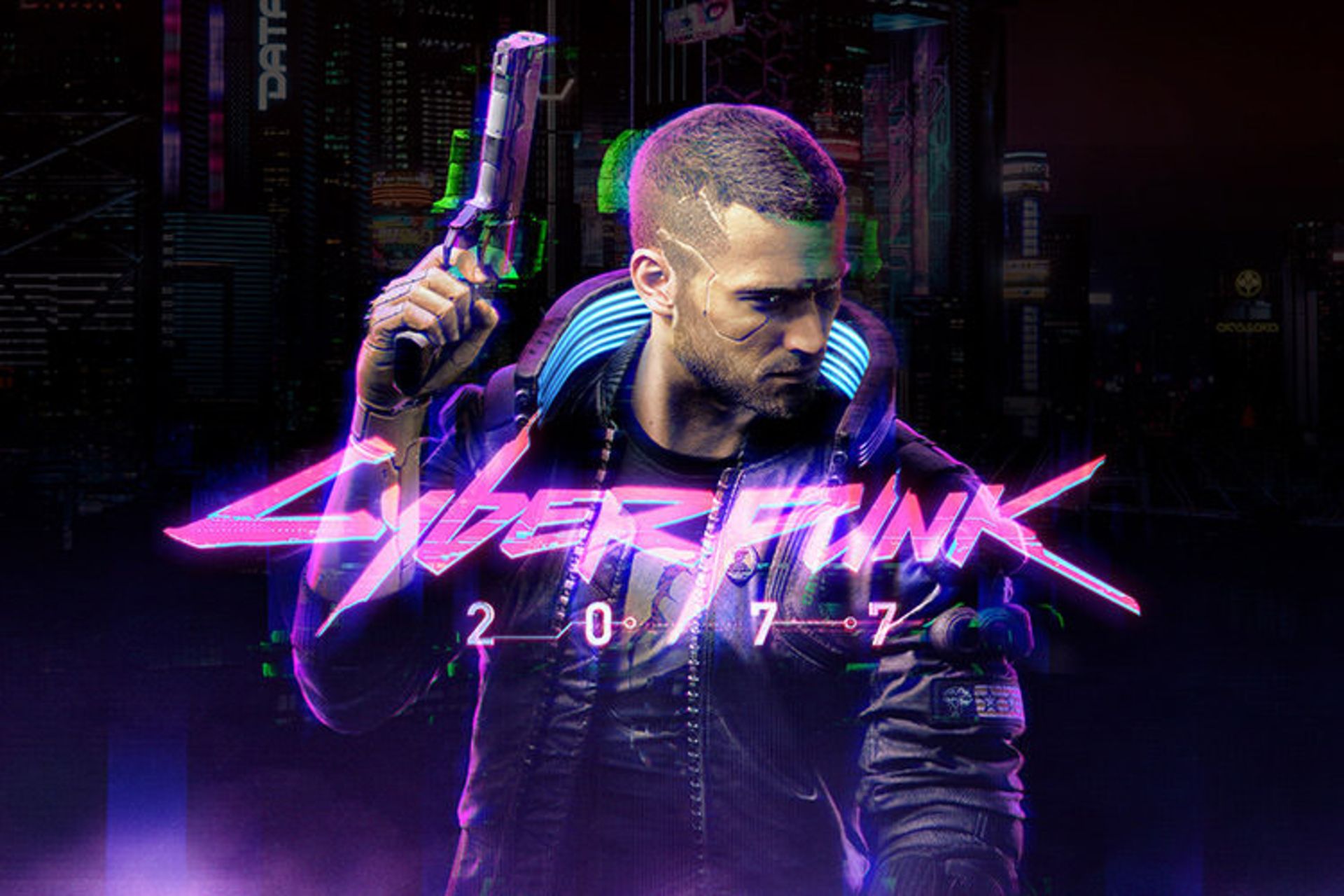 شخصیت V و لوگوی بازی Cyberpunk 2077