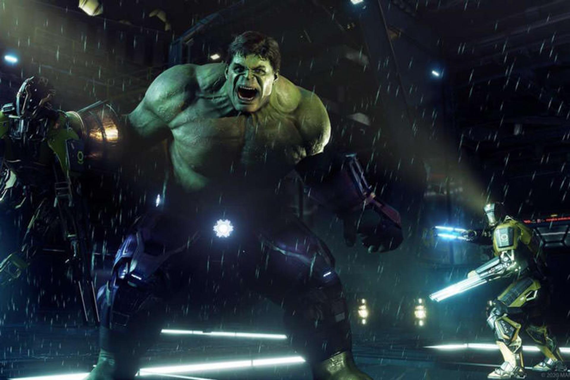 هالک در بازی Marvel's Avengers زیر باران درحال خرد کردن دشمنان