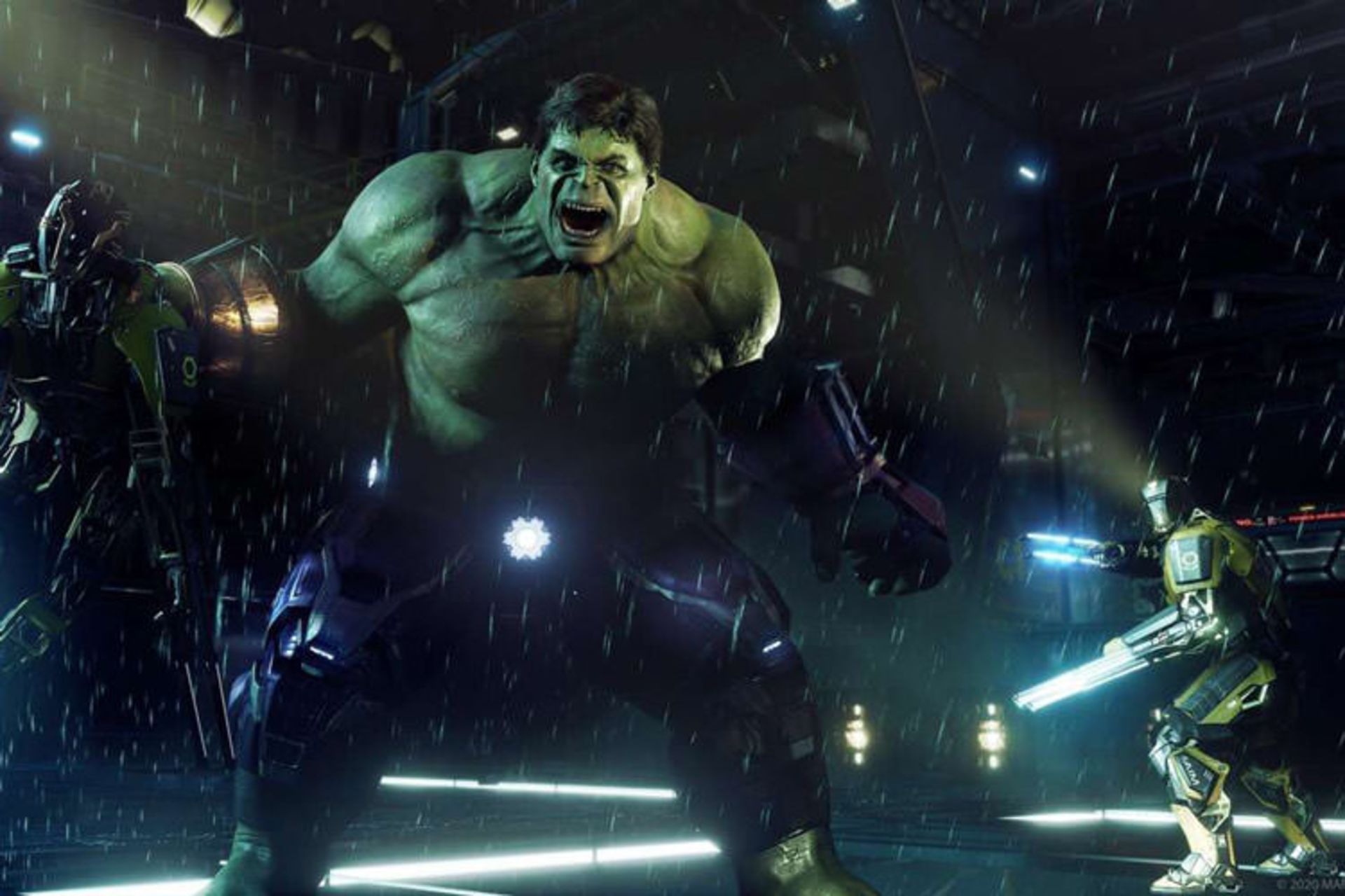 هالک در بازی Marvel's Avengers زیر باران درحال خرد کردن دشمنان