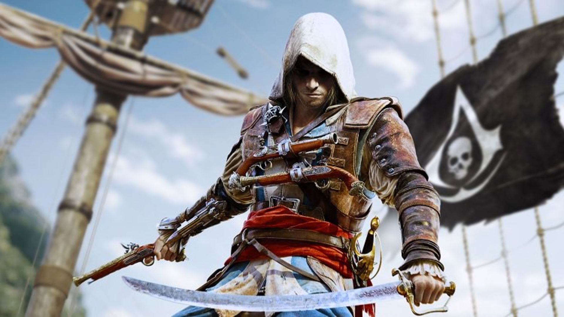 شخصیت بازی Assassin's Creed 4: Black Flag شمشیر و تفنگ به دست روی عرشه کشتی